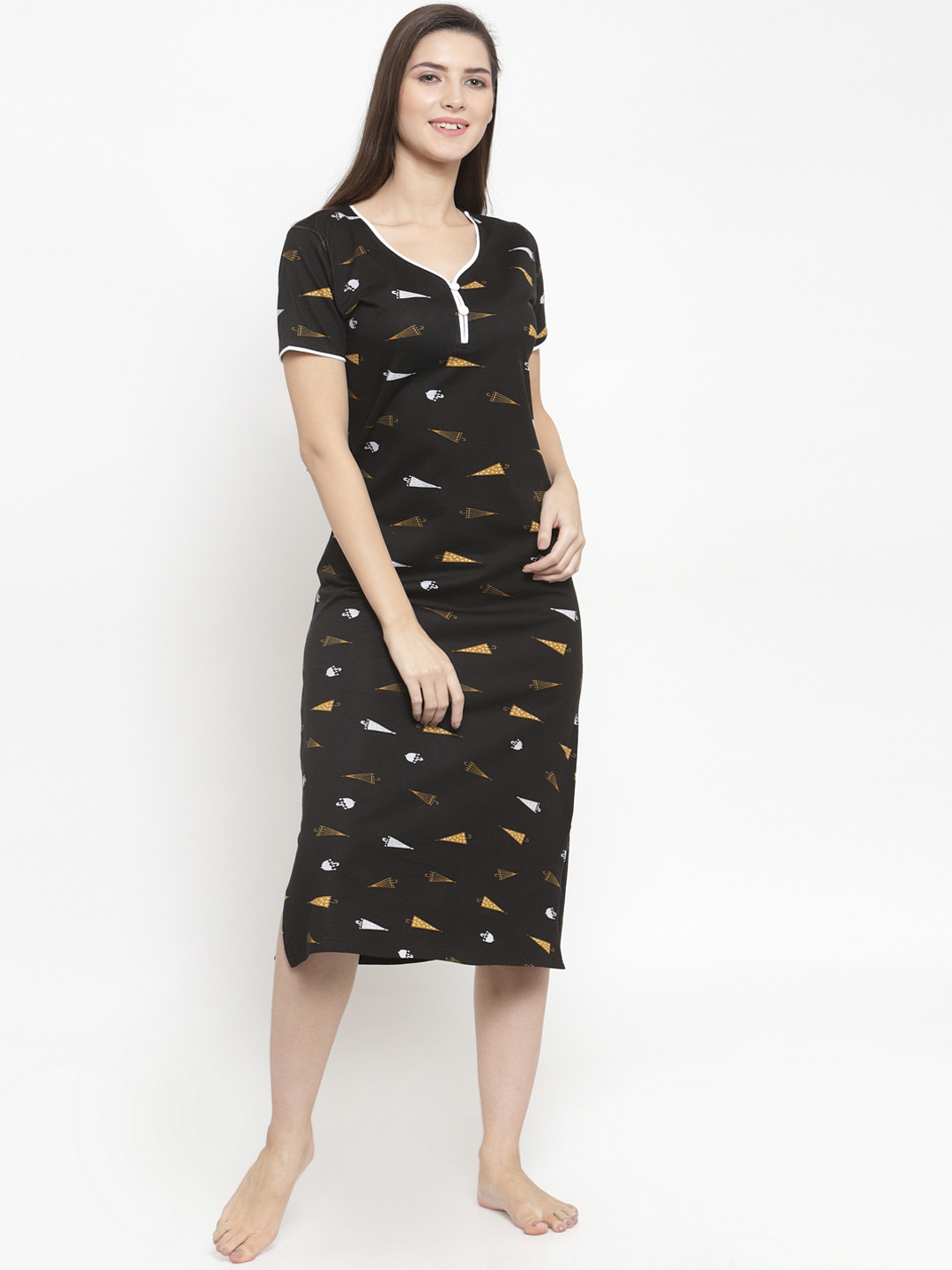 Claura Black Printed Nightdress