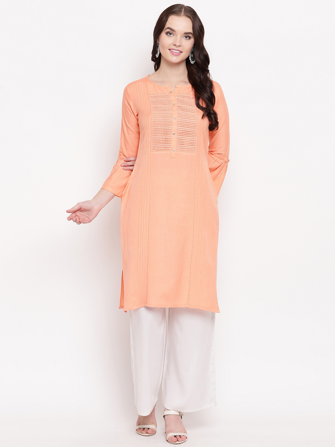 Kvsfab Women Orange Woven Design Straight Kurta
