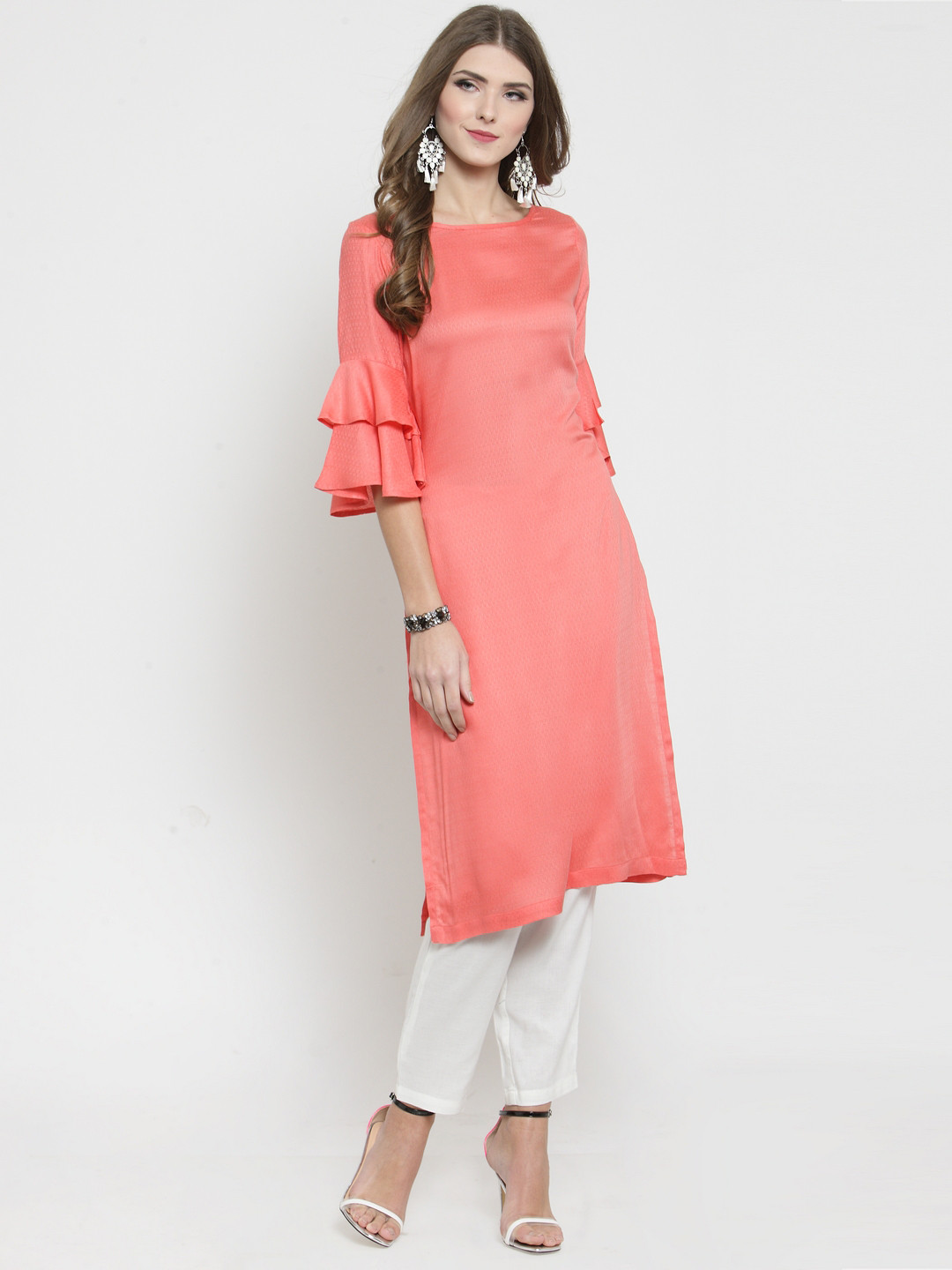 Sera Women Coral Pink & White Solid Kurta with Trousers