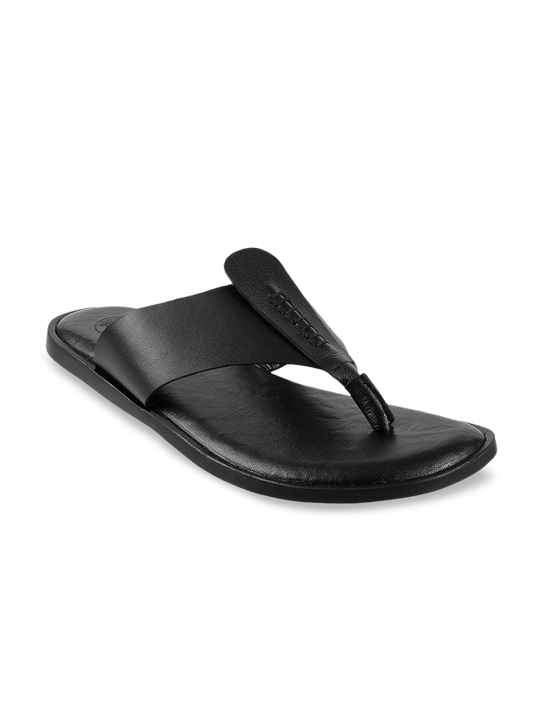Mochi Men Black Solid Leather Comfort Sandals