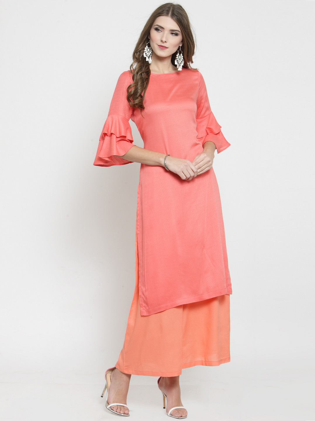 Sera Women Coral Pink Solid Kurta with Palazzos