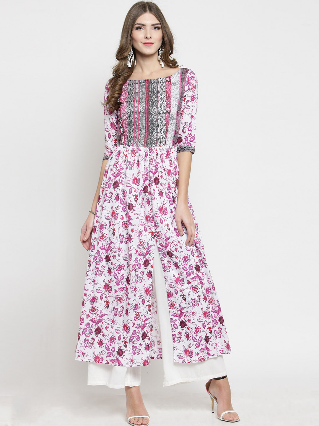 Sera Women White & Purple Floral Print Anarkali Kurta