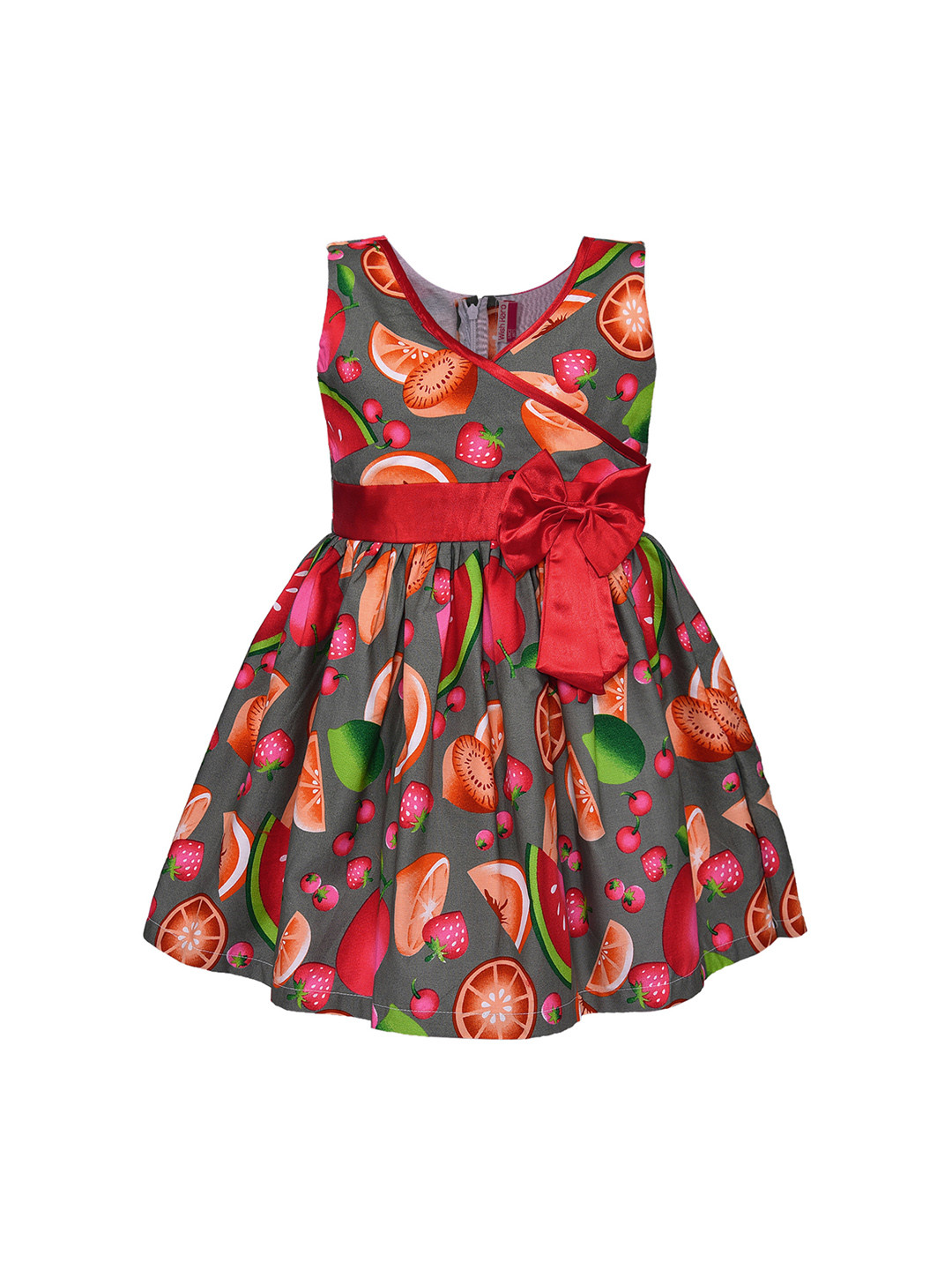 Wish Karo Girls Grey & Red Fruits Printed Wrap Dress