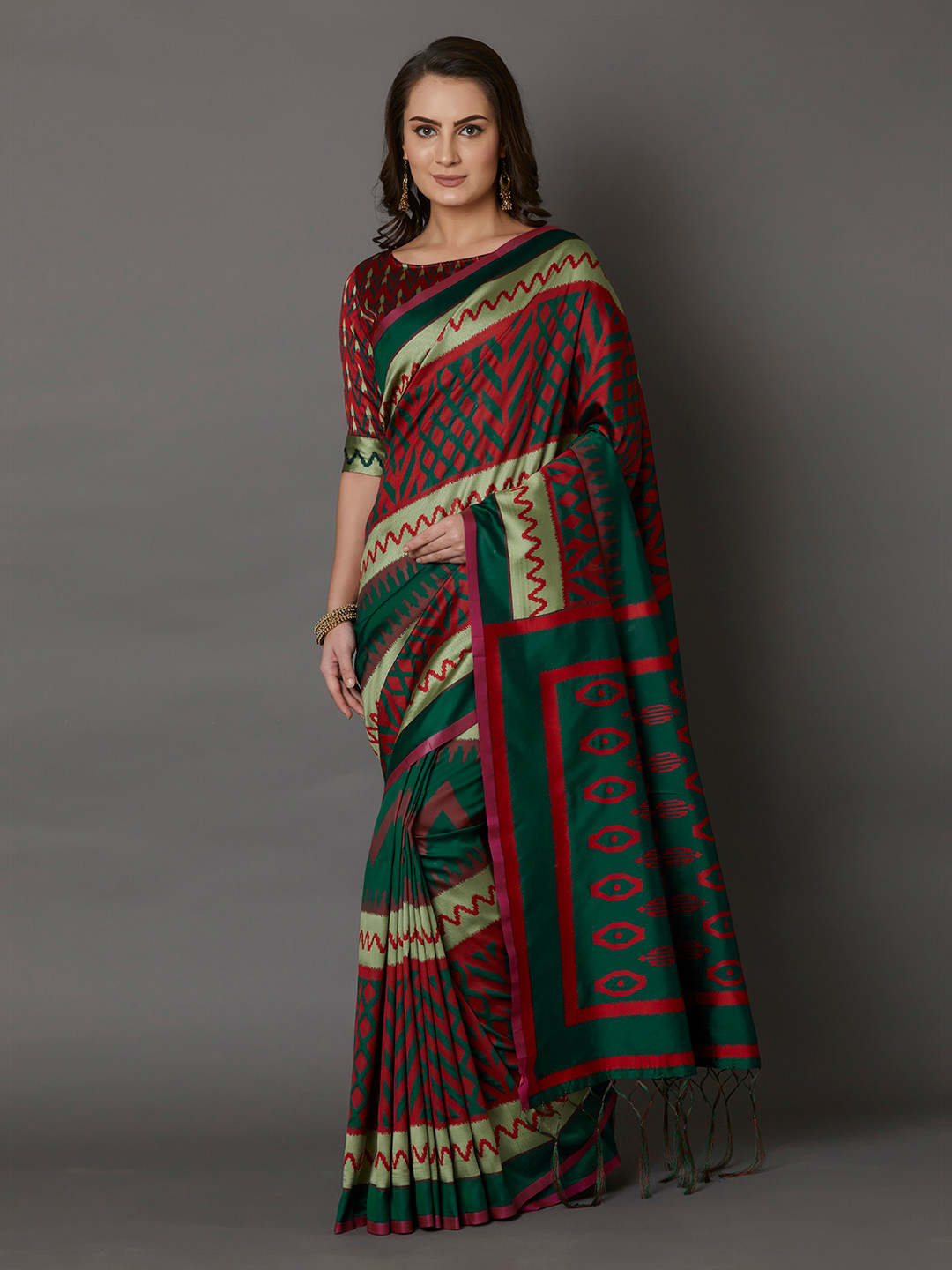 Mitera Maroon & Green Silk Blend Printed Saree