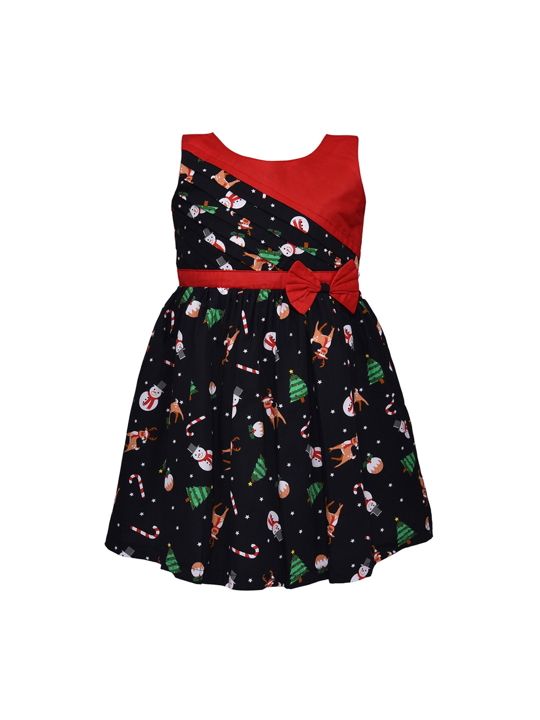 Wish Karo Girls Red & Navy Blue Printed Fit and Flare Dress