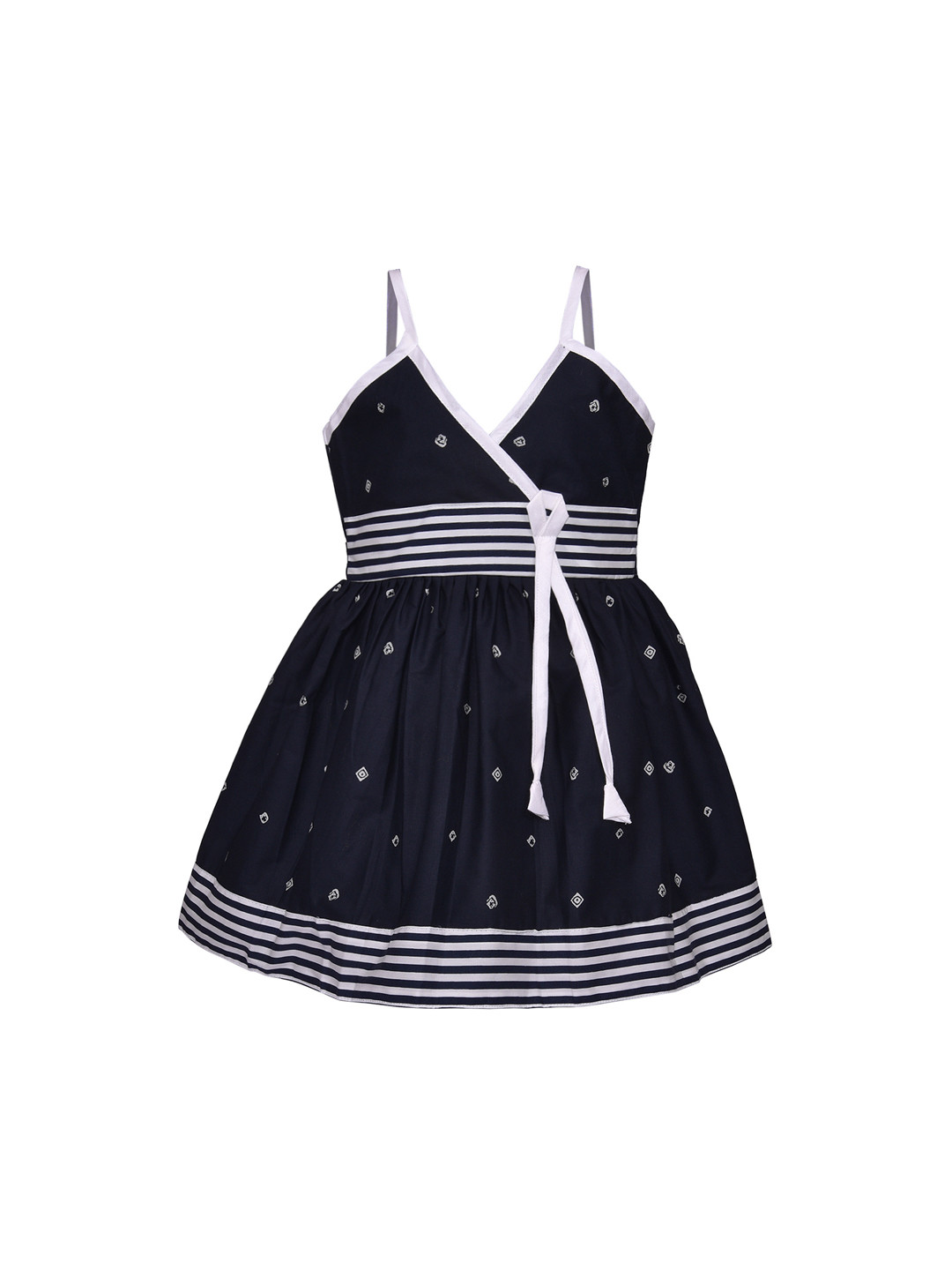 Wish Karo Girls Navy Blue & White Printed  Fit and Flare Dress