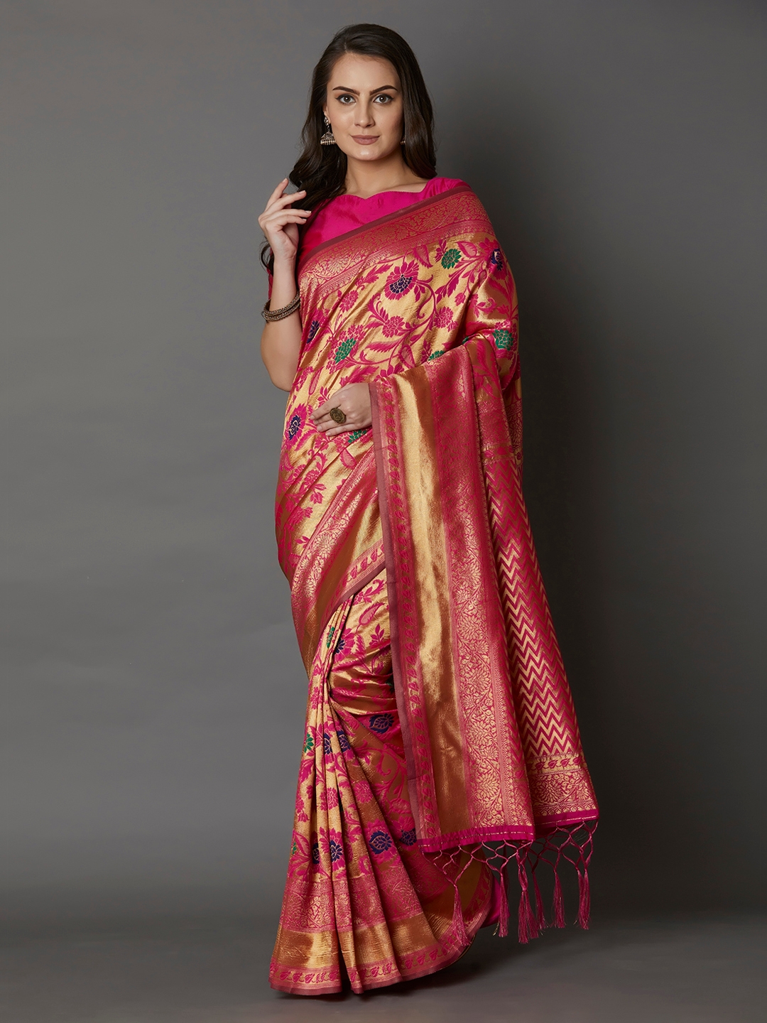 Buy Mitera Pink Silk Blend Woven Design Banarasi Saree - Sarees ...