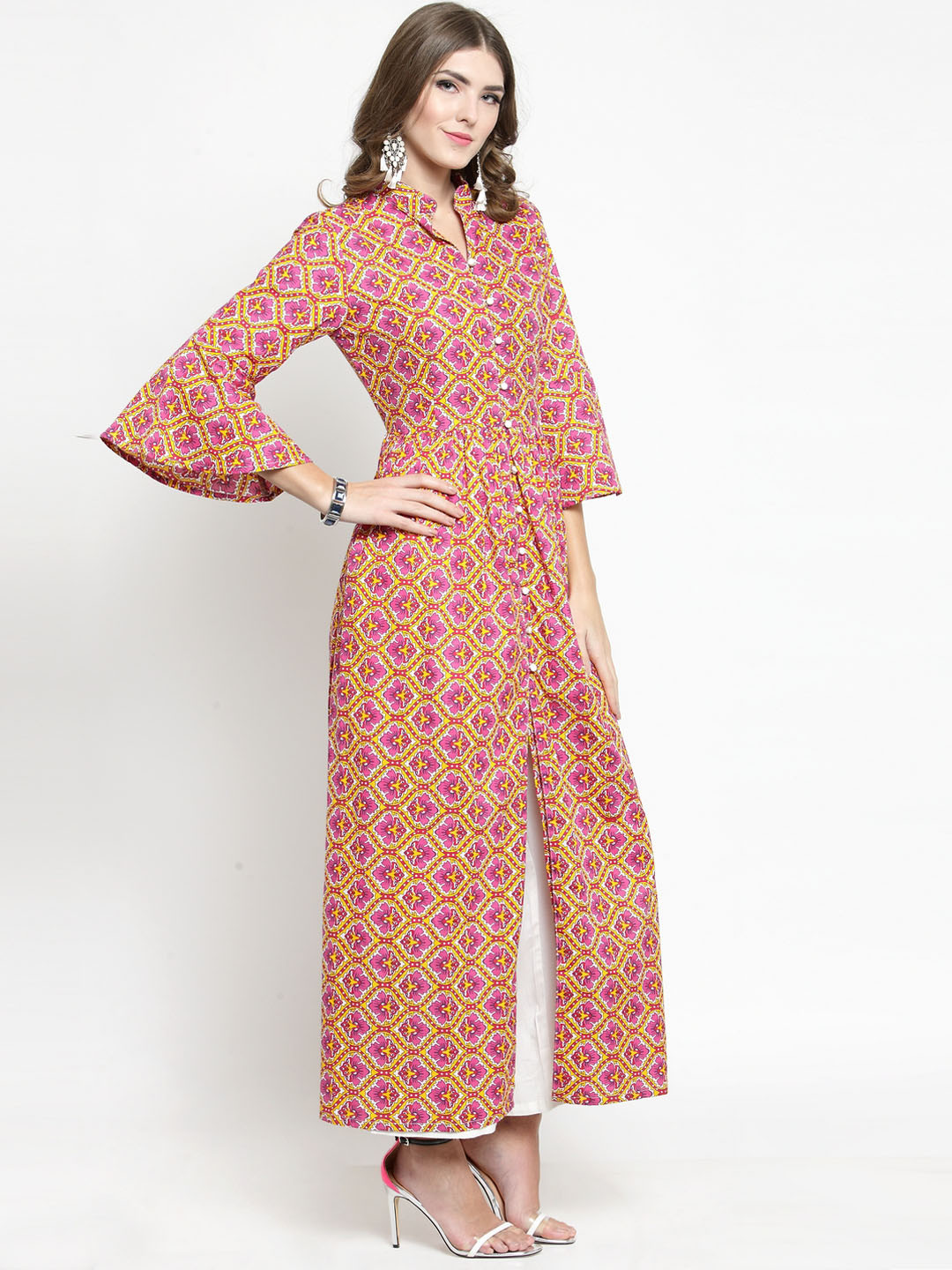 Sera Women Pink & Yellow Printed Kurta with White Solid Palazzos