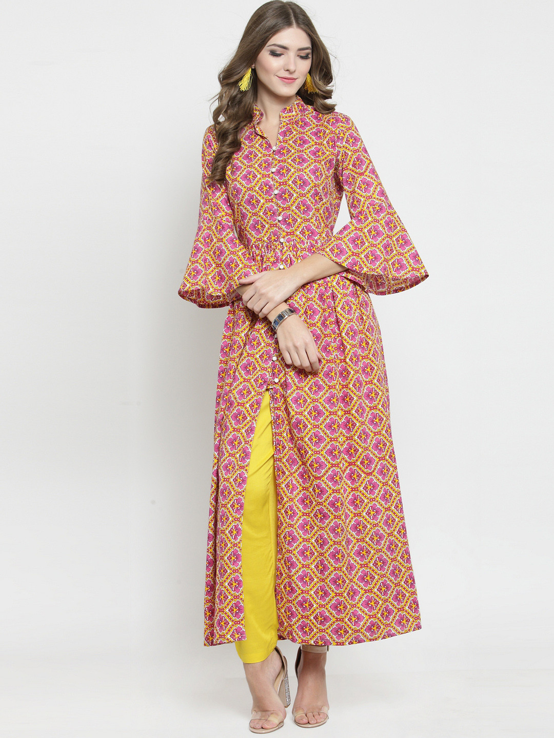 Sera Women Pink & Yellow Printed Kurta with Palazzos