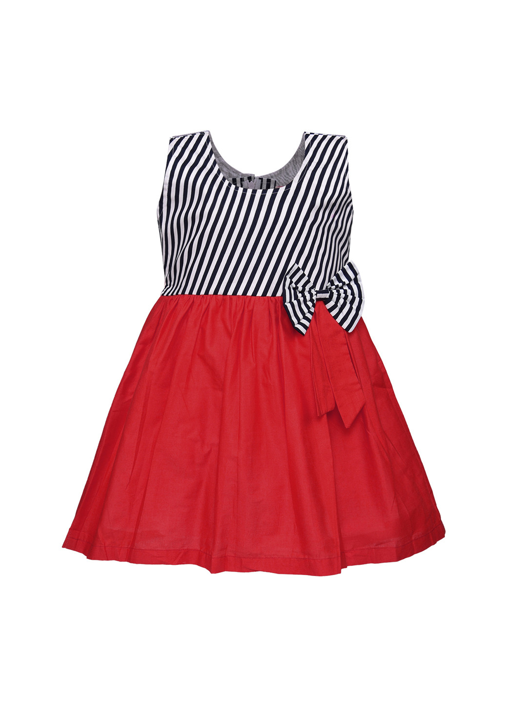 Wish Karo Girls Red & Navy Blue Striped Fit and Flare Dress