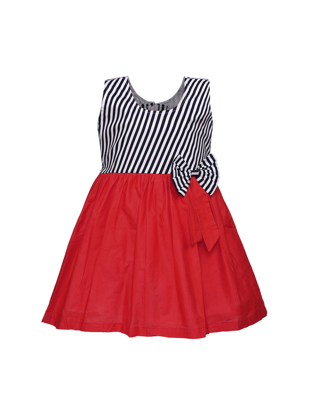 Wish Karo Girls Red & Navy Blue Striped Fit and Flare Dress