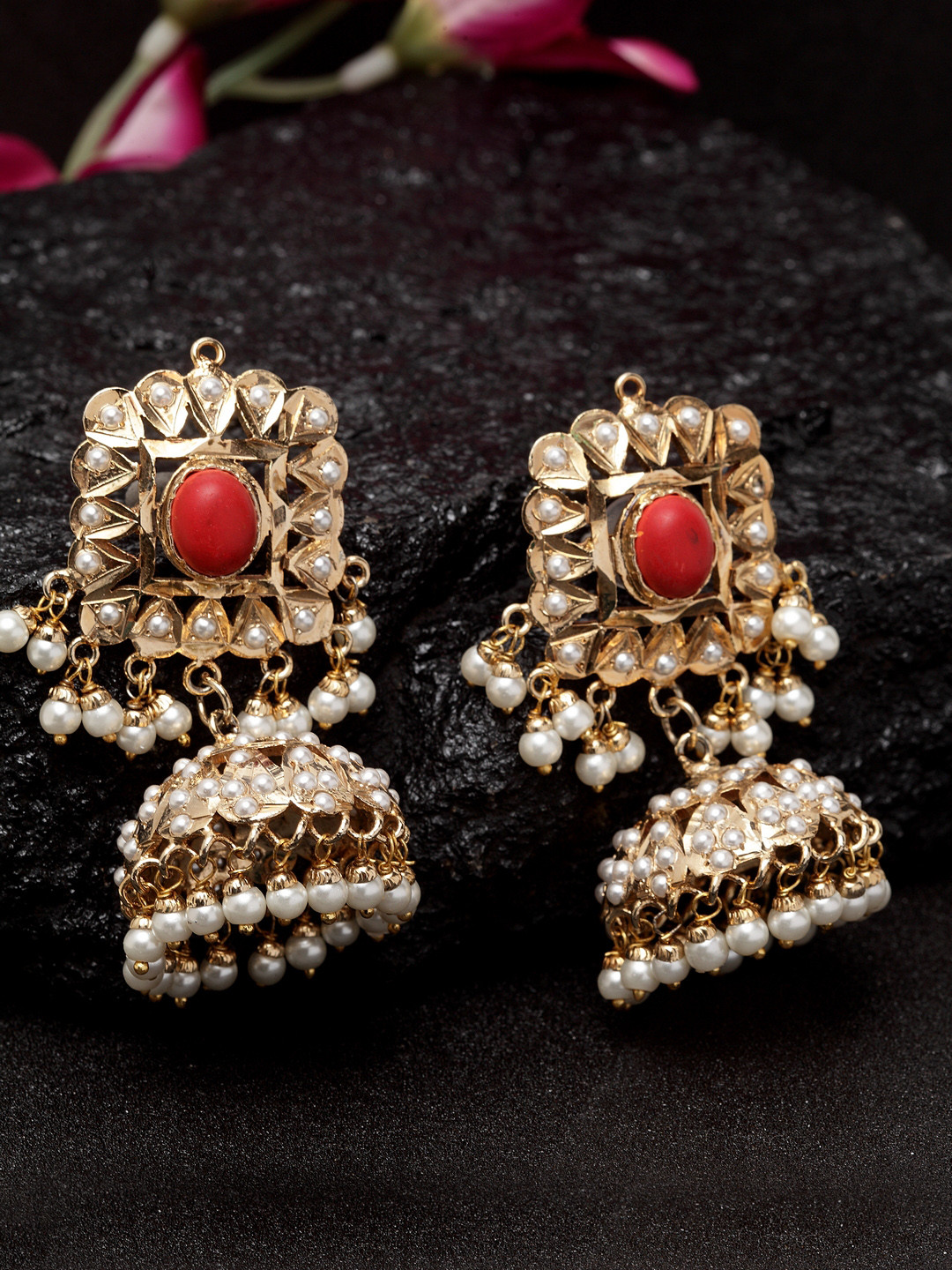 DUGRISTYLE Gold-Plated & Red Dome Shaped Jhumkas