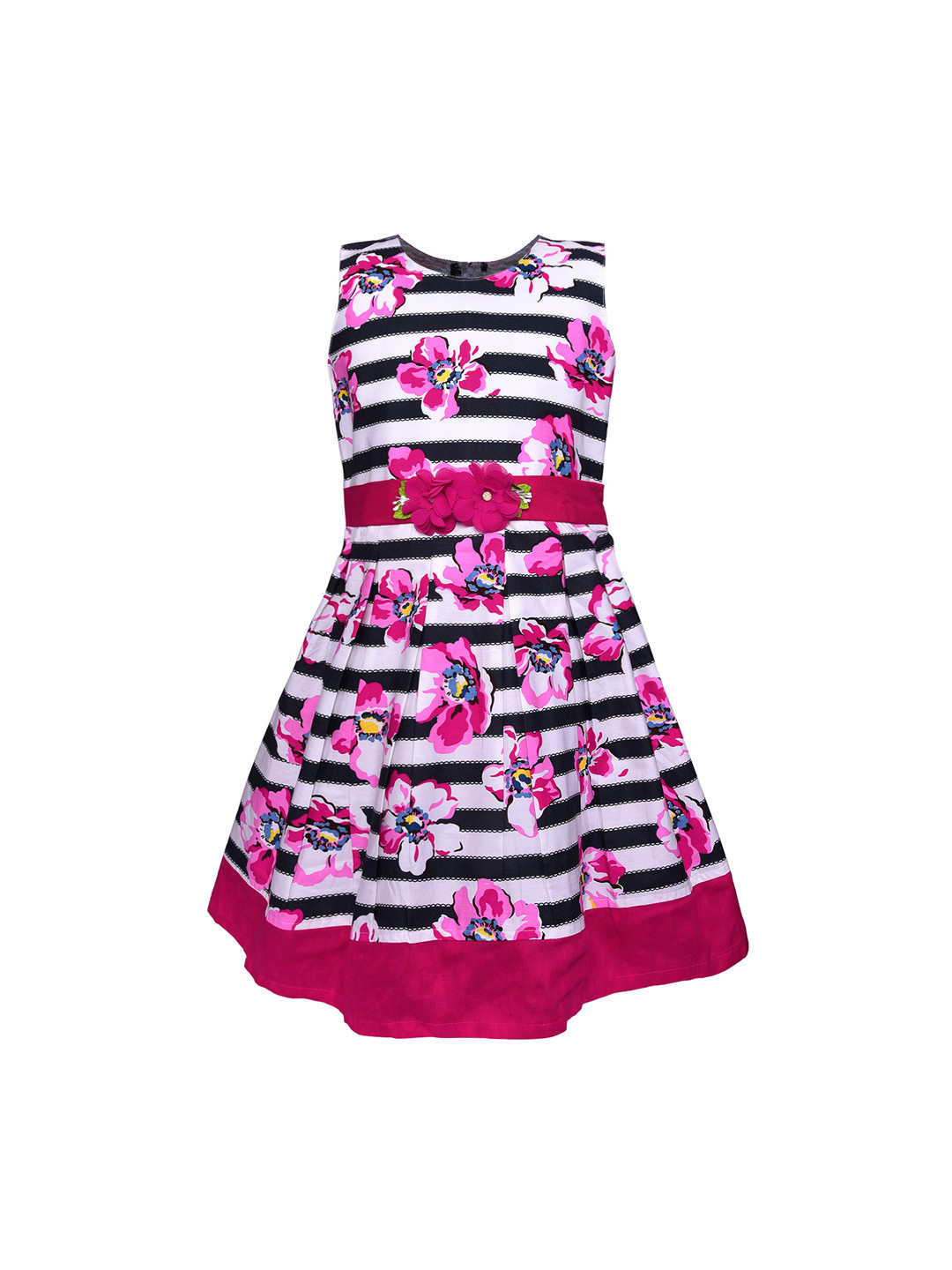 Wish Karo Girls Pink & White Striped Fit and Flare Dress