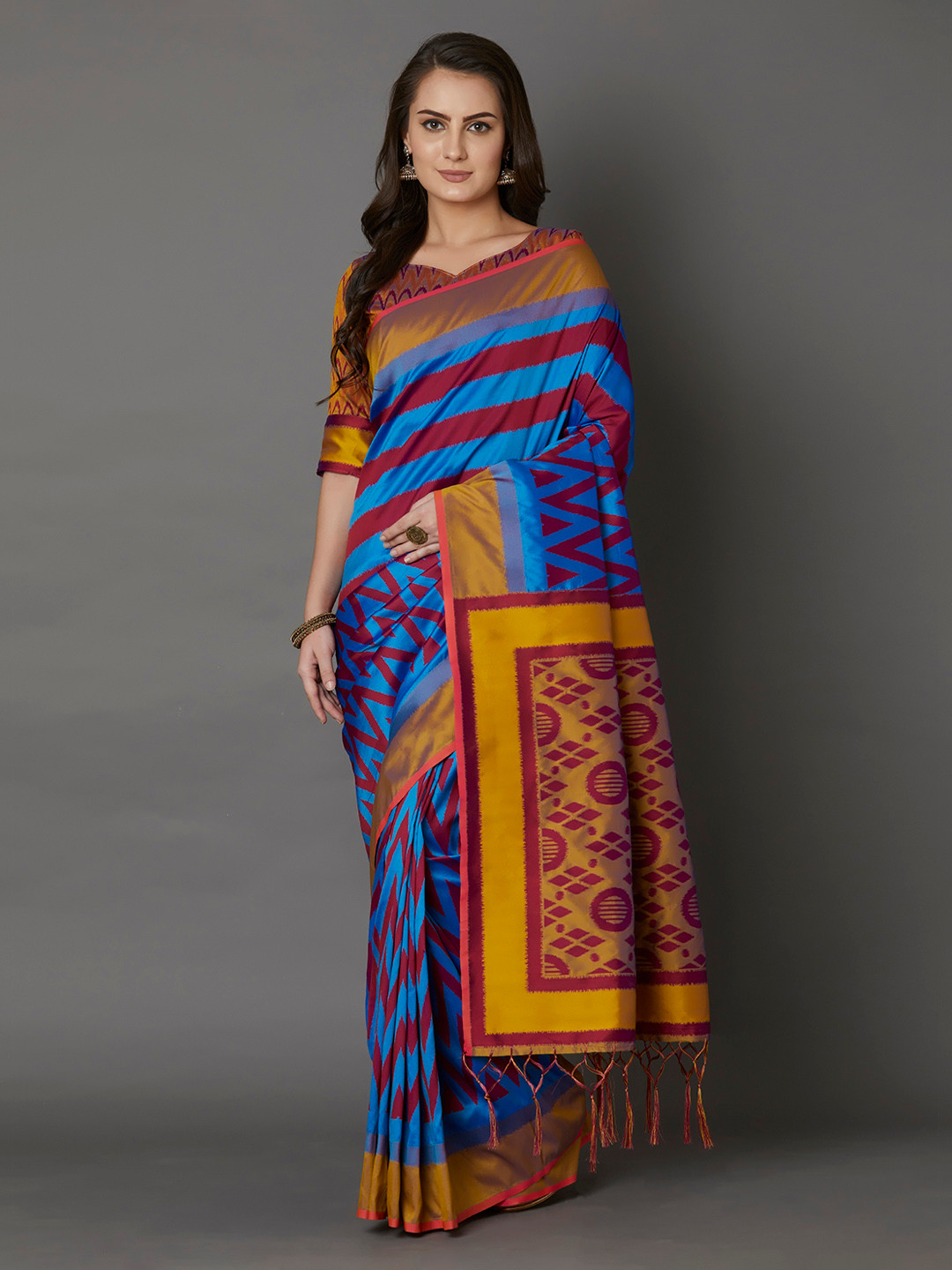 Mitera Blue & Mustard Yellow Silk Blend Printed Saree