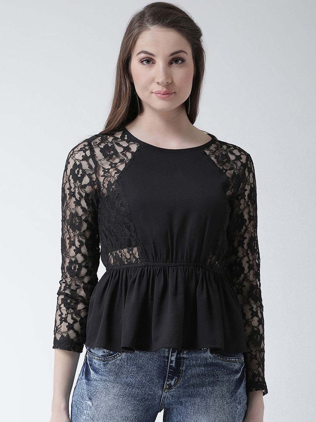 KASSUALLY Women Black Self Design Cinched Waist Top