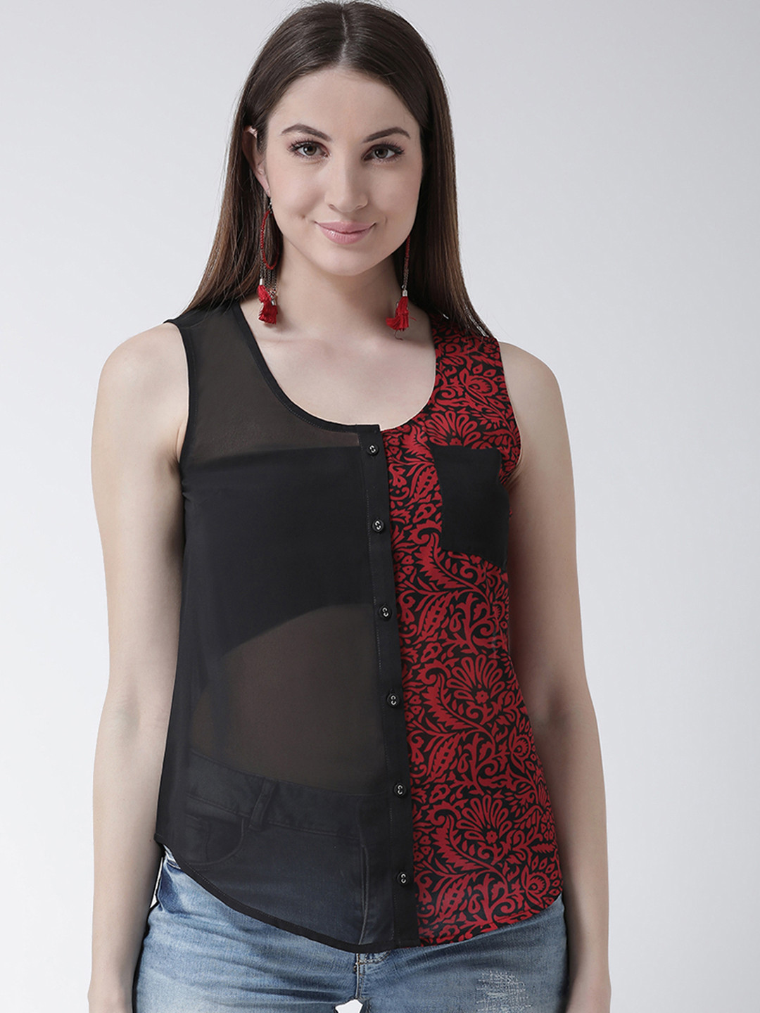 KASSUALLY Women Black & Red Regular Fit Printed Casual Sheer Shirt