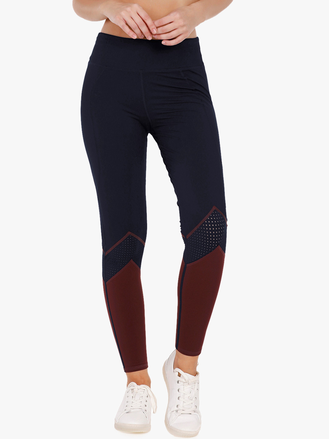 Amante Women Navy Blue & Brown Colour-Blocked High-Rise Fitness Tights