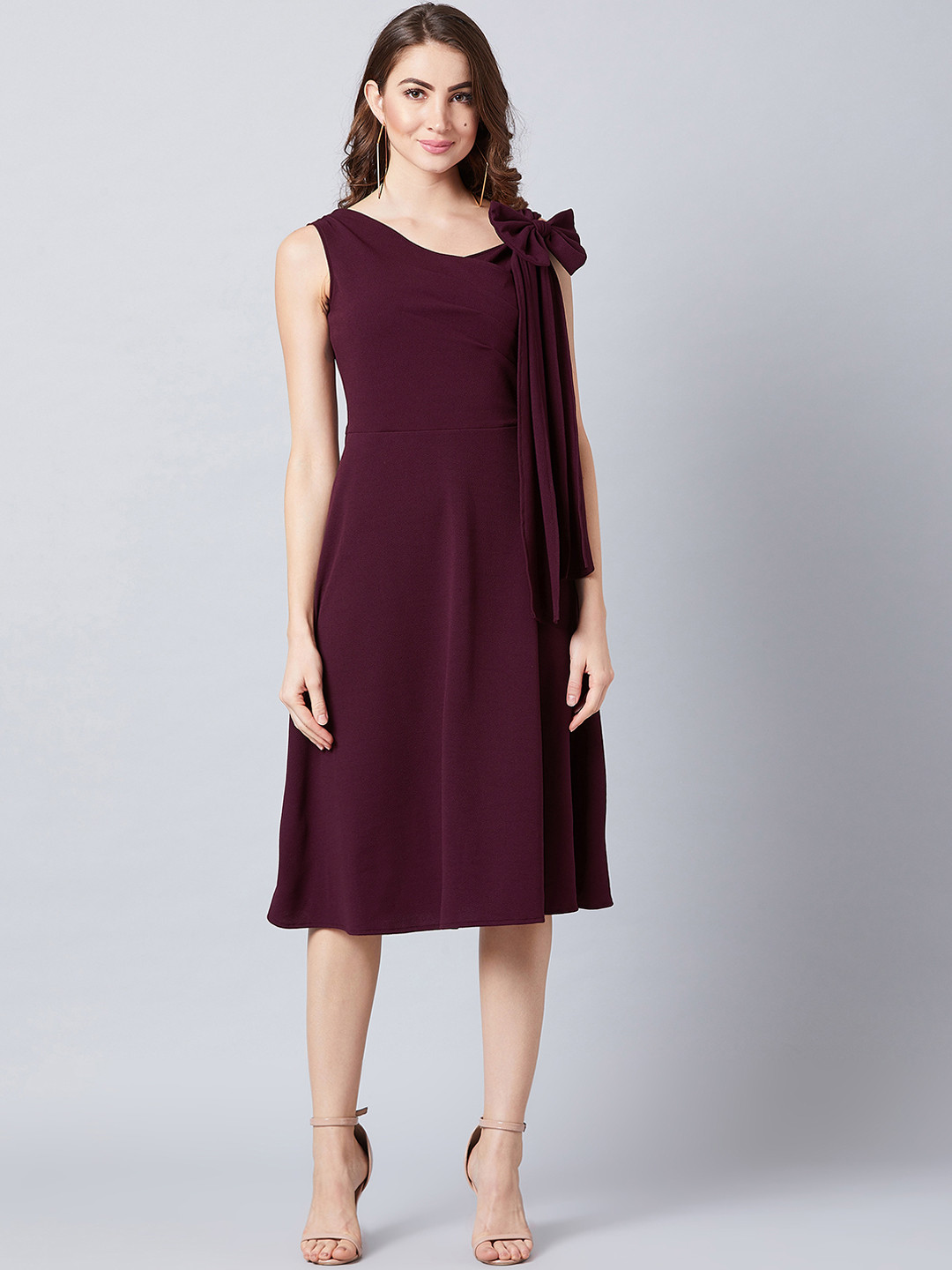 Athena Women Burgundy Solid Fit and Flare Dress