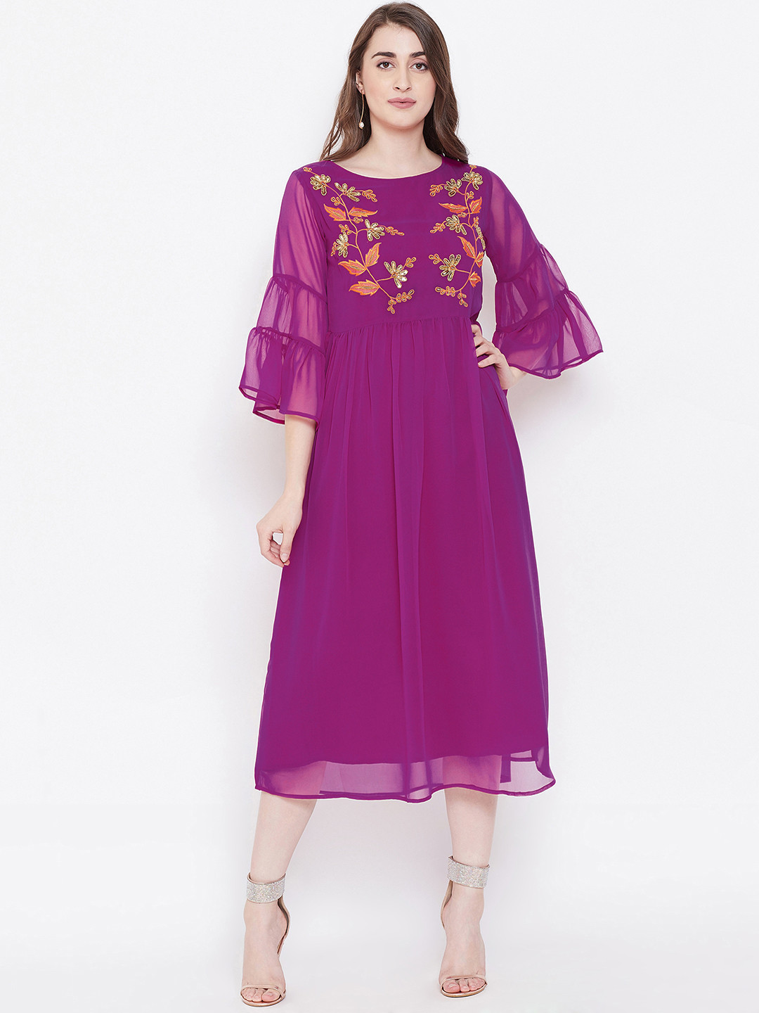 Bitterlime Women Purple Embroidered Fit and Flare Dress