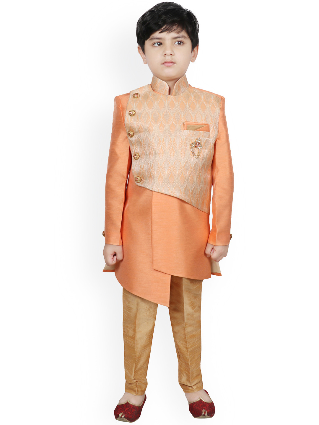 SG YUVRAJ Boys Orange & Gold-Coloured Woven Design Raw Silk Sherwani Set