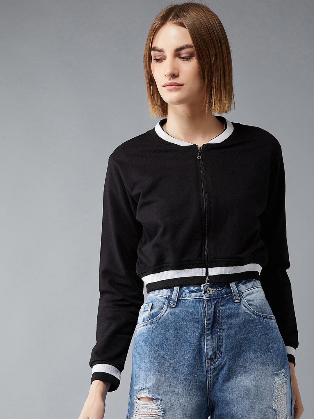 DOLCE CRUDO Women Black Solid Cropped Bomber Jacket