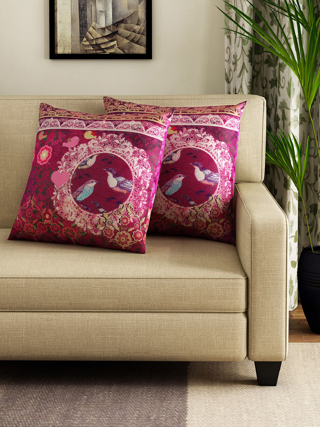 SWAYAM Purple Ethnic Motifs Cotton Ultra Soft 2 Pcs Cushion Covers - 15.7 x 15.7 Inches