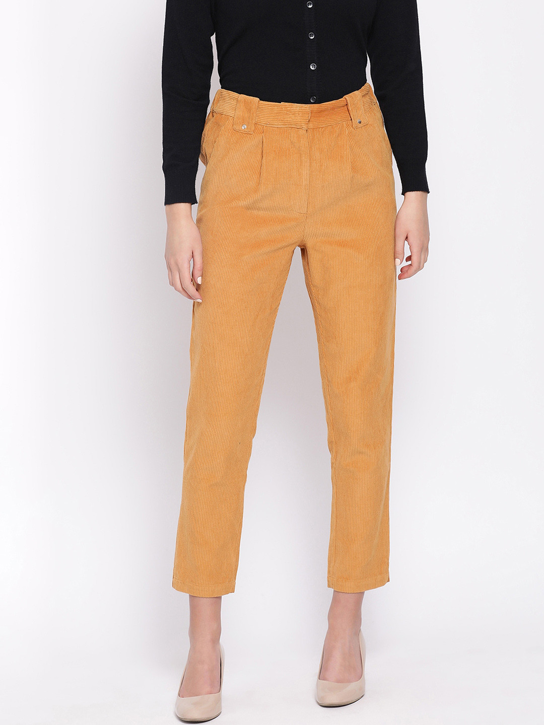 Oxolloxo Women Yellow Regular Fit Solid Regular Trousers