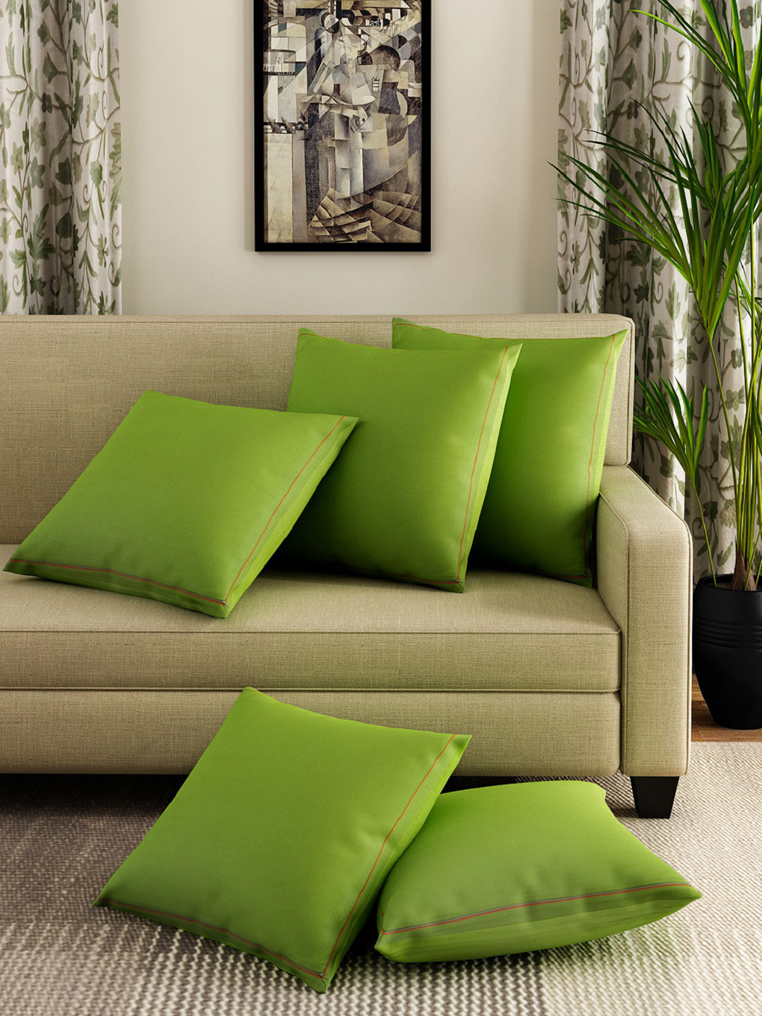 SWAYAM Lime Green Cotton Breathable 5 Piece Square Cushion Covers - 23.6 x 23.6 Inches