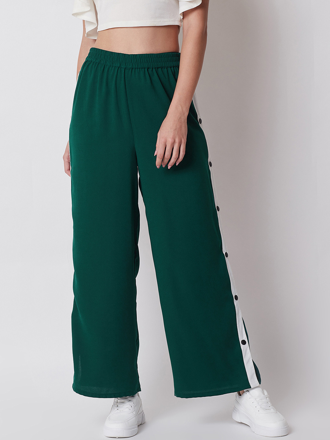 Nun Women Green & White Loose Fit Solid Parallel Trousers