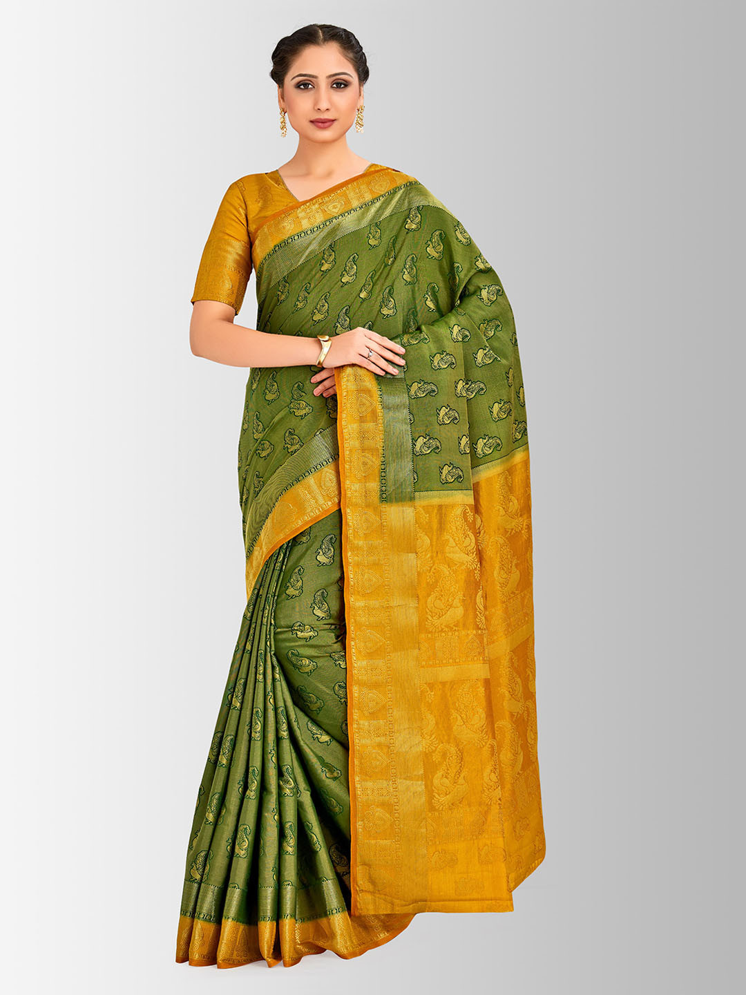 MIMOSA Green & Mustard Art Silk Woven Design Kanjeevaram Saree