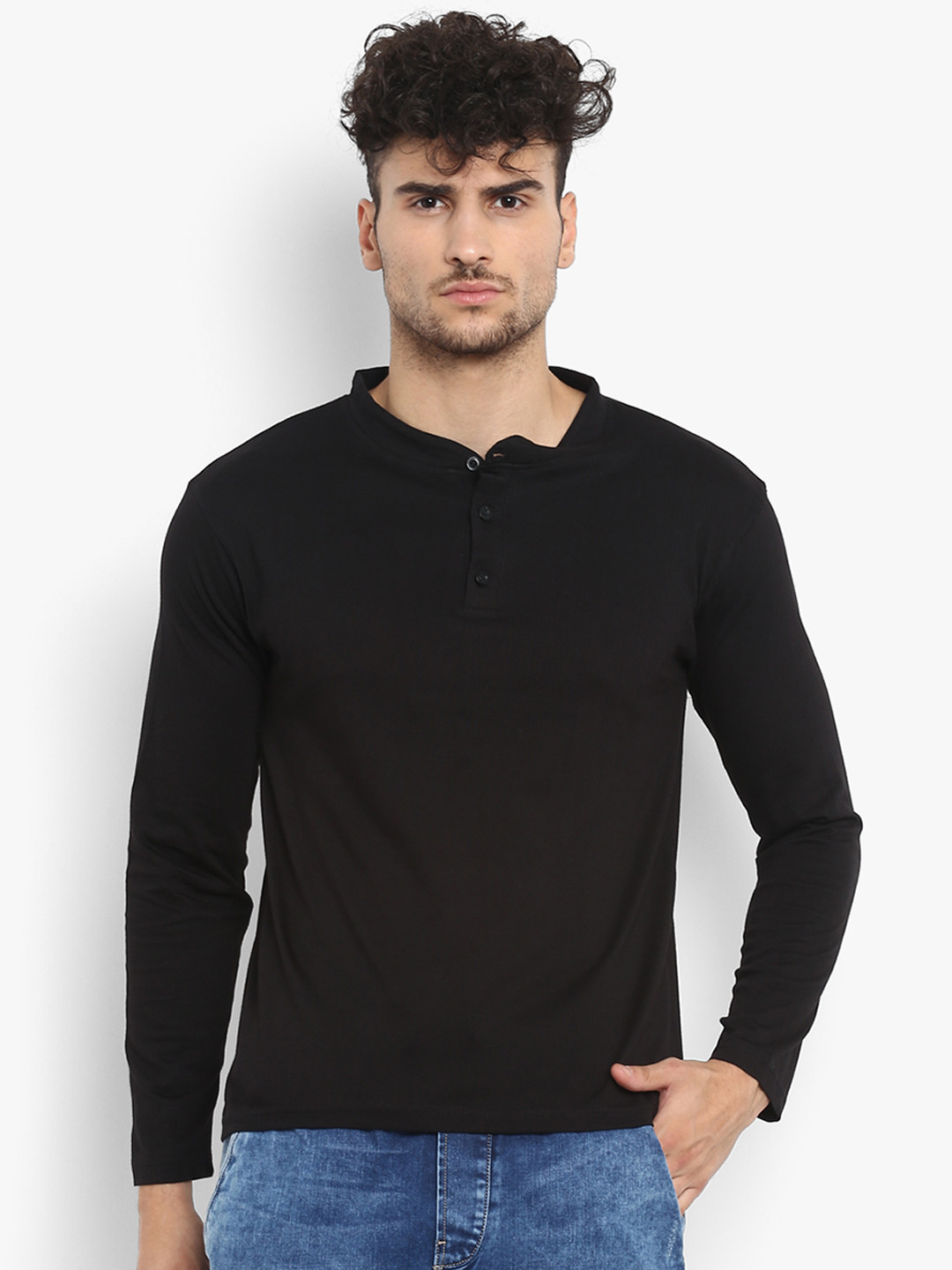 appulse Men Black Solid Mandarin Collar T-shirt