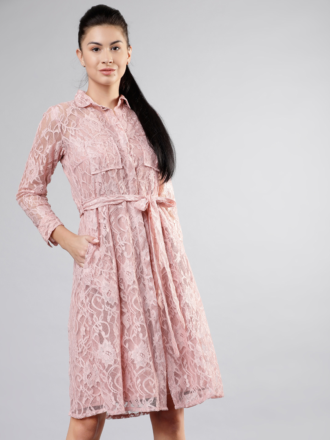 Tokyo Talkies Women Rose Lace Shirt Dress