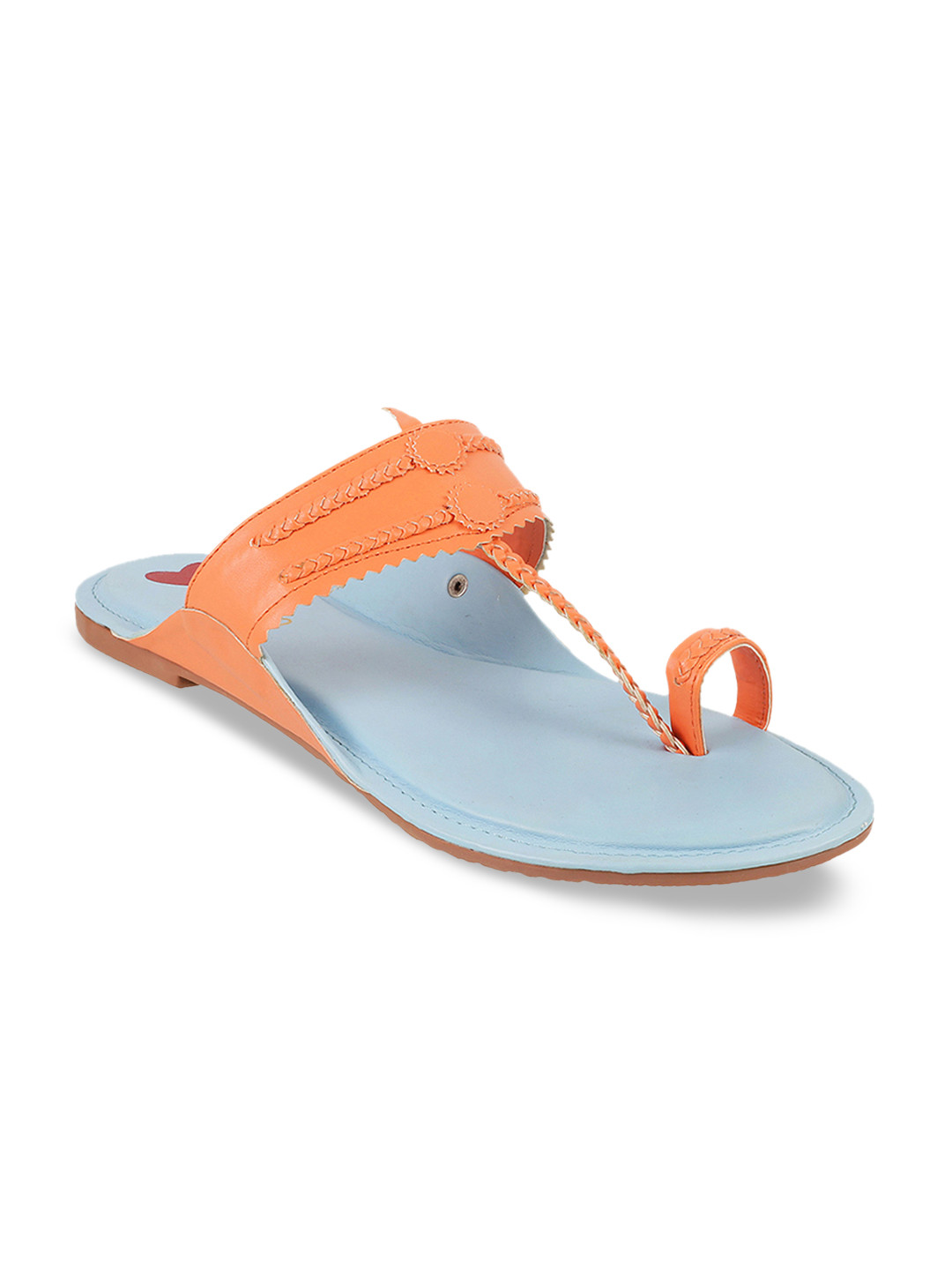Metro Women Orange Textured T-Strap Flats
