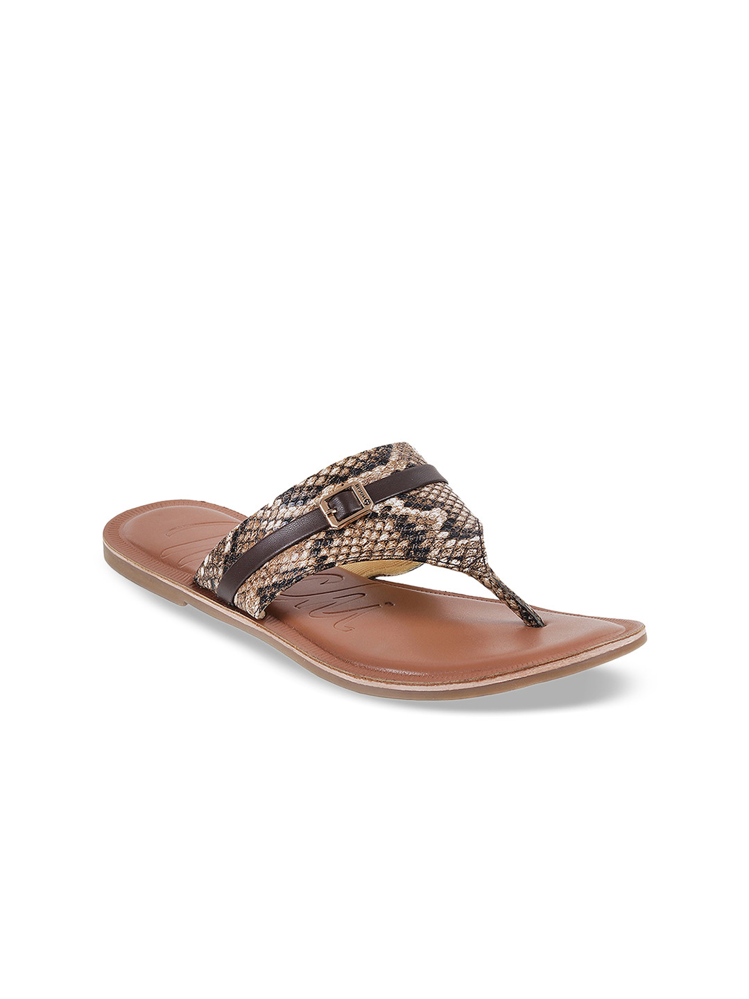 Mochi Women Brown Animal Printed T-Strap Flats