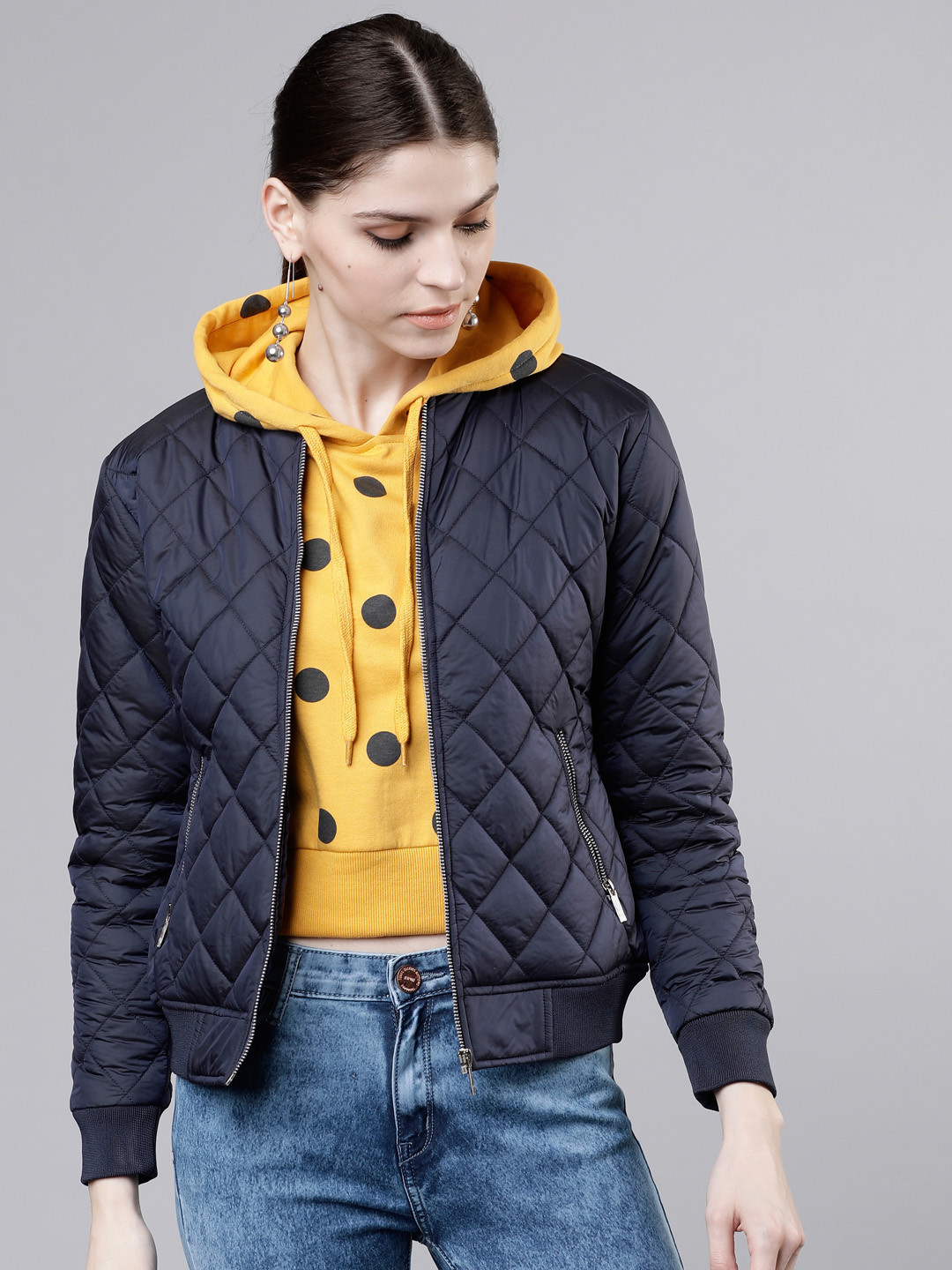 Tokyo Talkies Women Navy Blue Solid Puffer Jacket