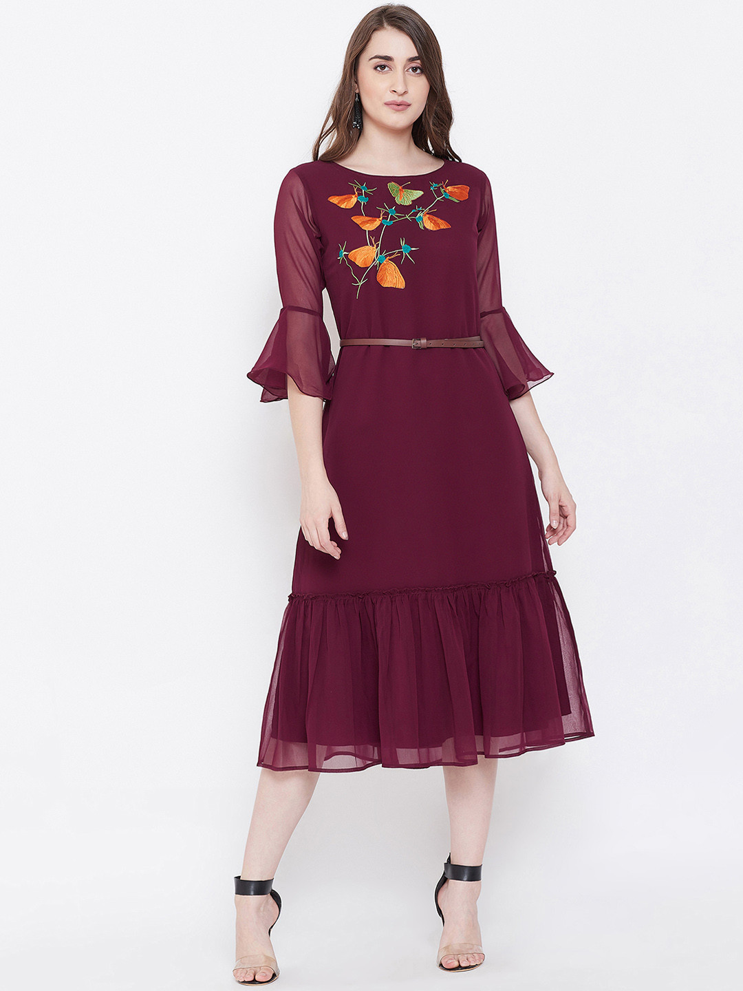 Bitterlime Women Purple Embroidered A-Line Dress