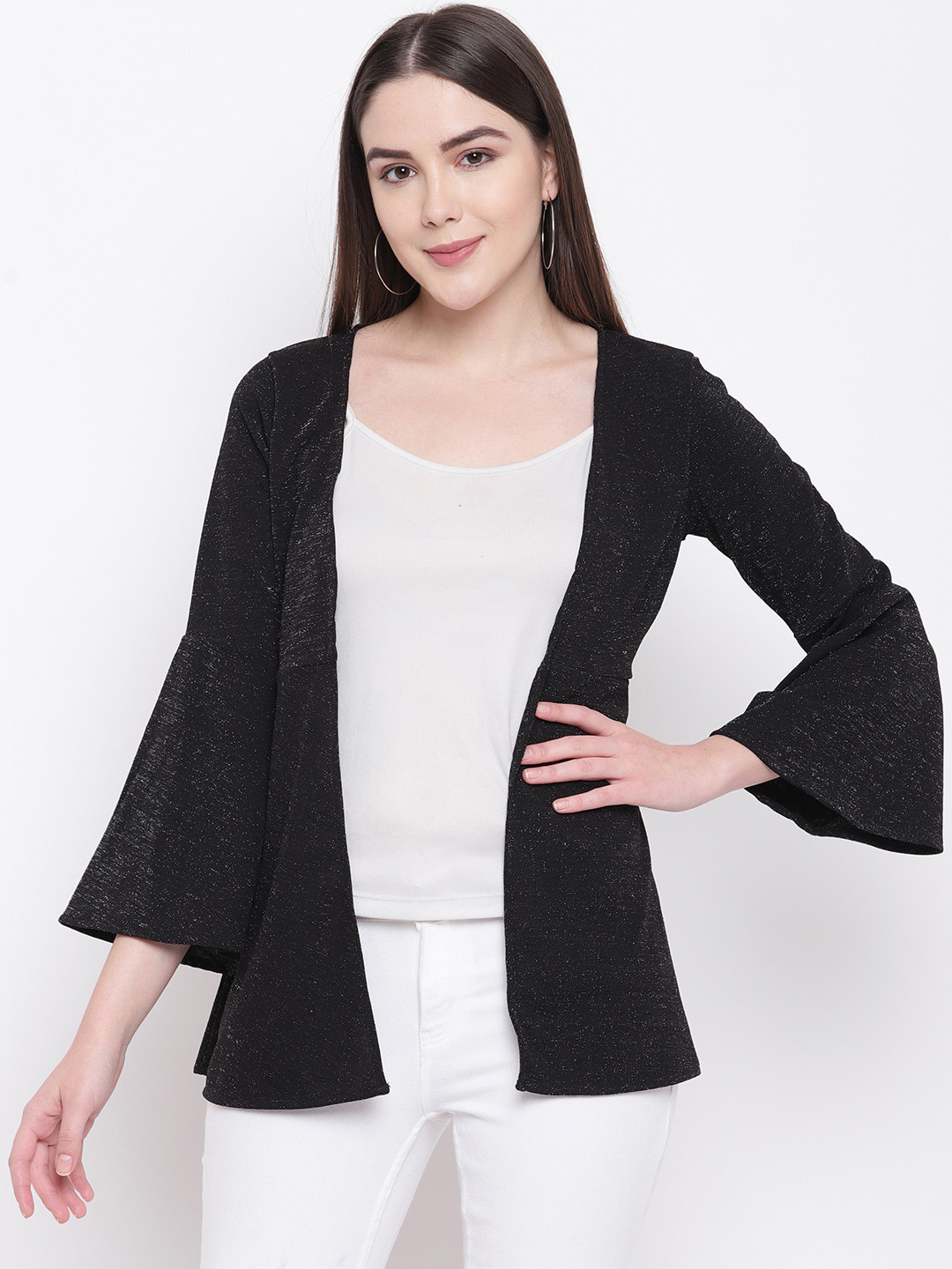 RIVI Women Black Solid Open Front Shrug