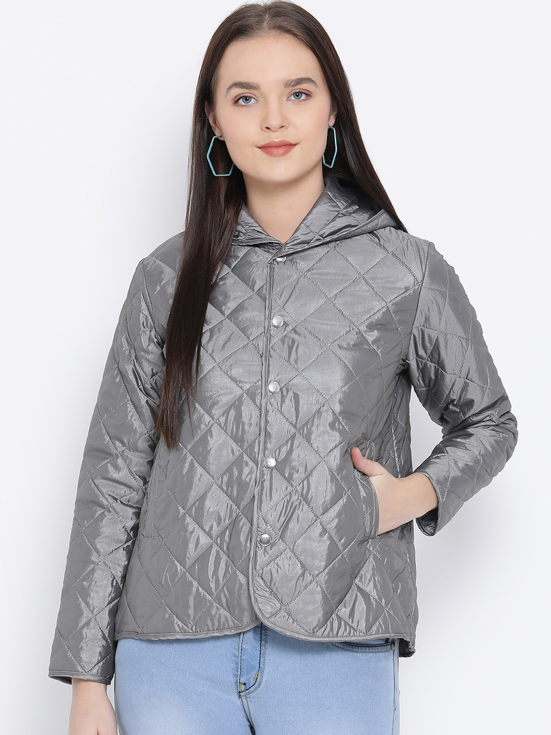 Oxolloxo Women Grey Hooded Quilted Jacket