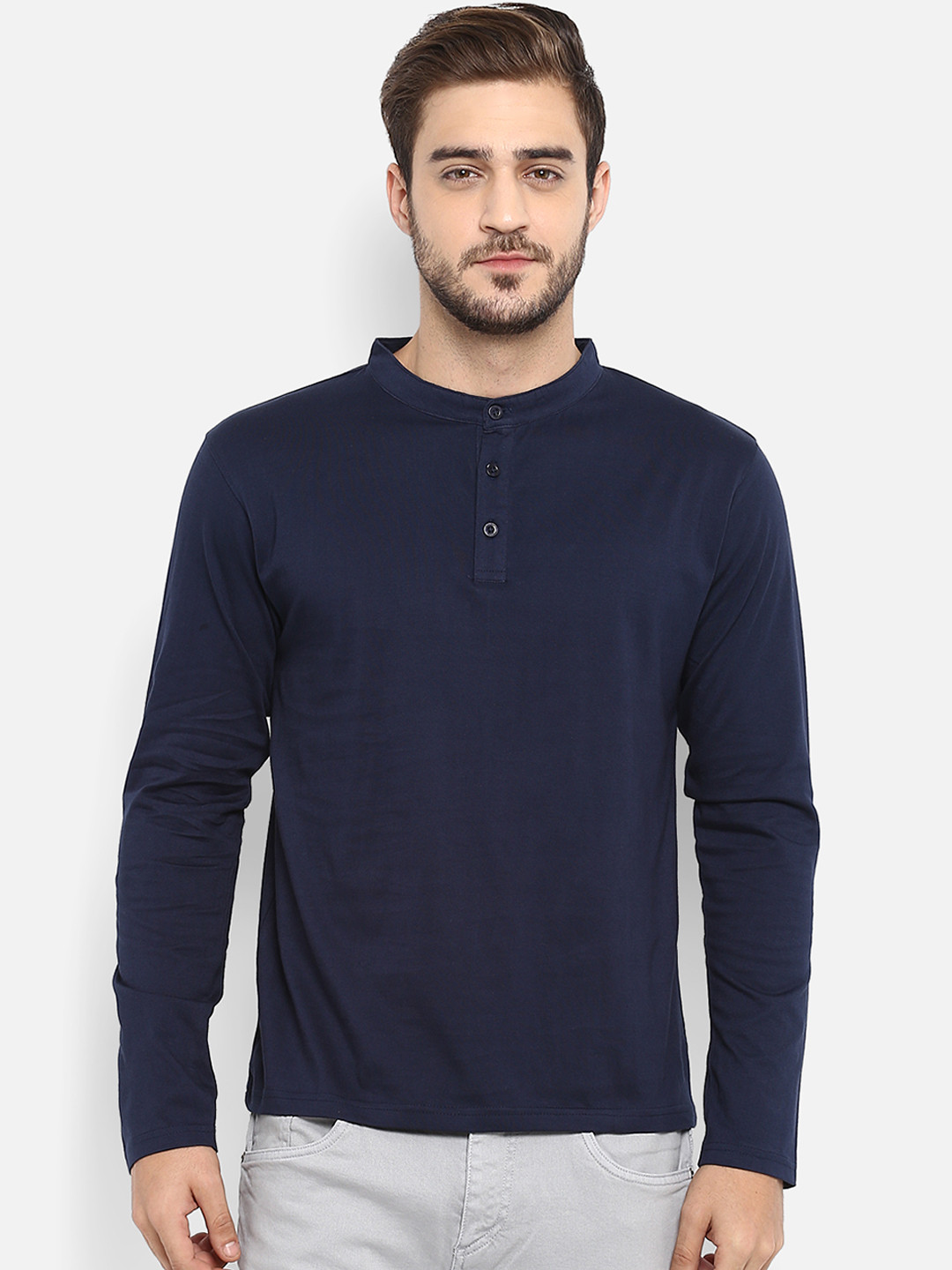 appulse Men Navy Blue Solid Mandarin Collar T-shirt