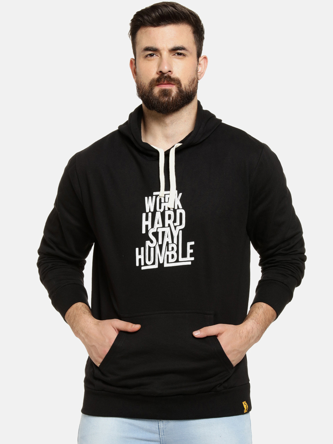 Campus Sutra Men Black & White Printed Hooded Pullover Sweatshirt