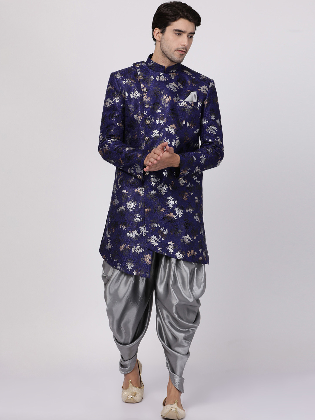 VASTRAMAY Men Blue & Grey Floral Printed Asymmetric Silk Sherwani With Dhoti Pants