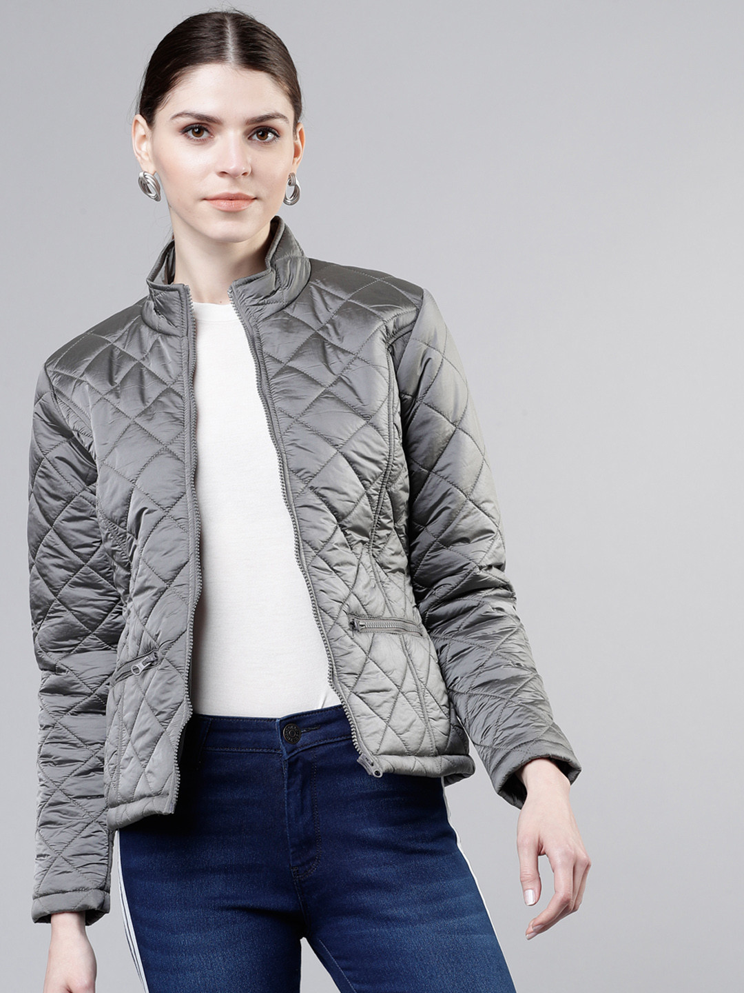 Tokyo Talkies Women Silver-Toned Solid Puffer Jacket