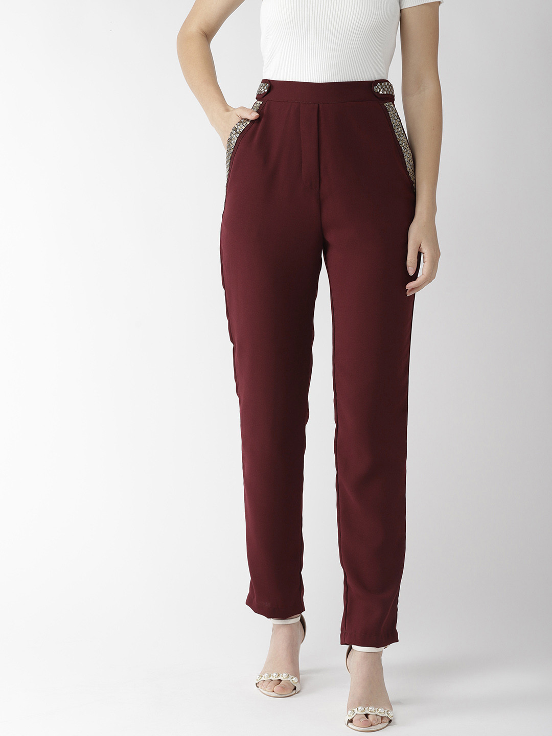 QUIERO Women Maroon Regular Fit Embellished Cigarette Trousers