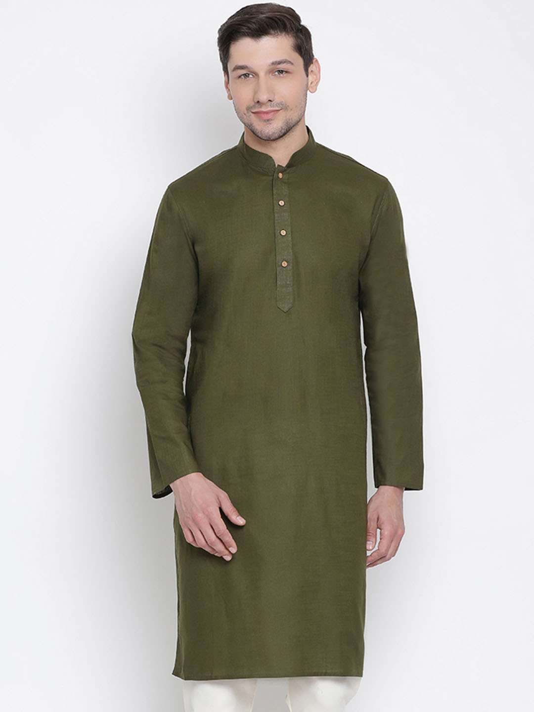 VASTRAMAY Men Olive Green Solid Straight Kurta