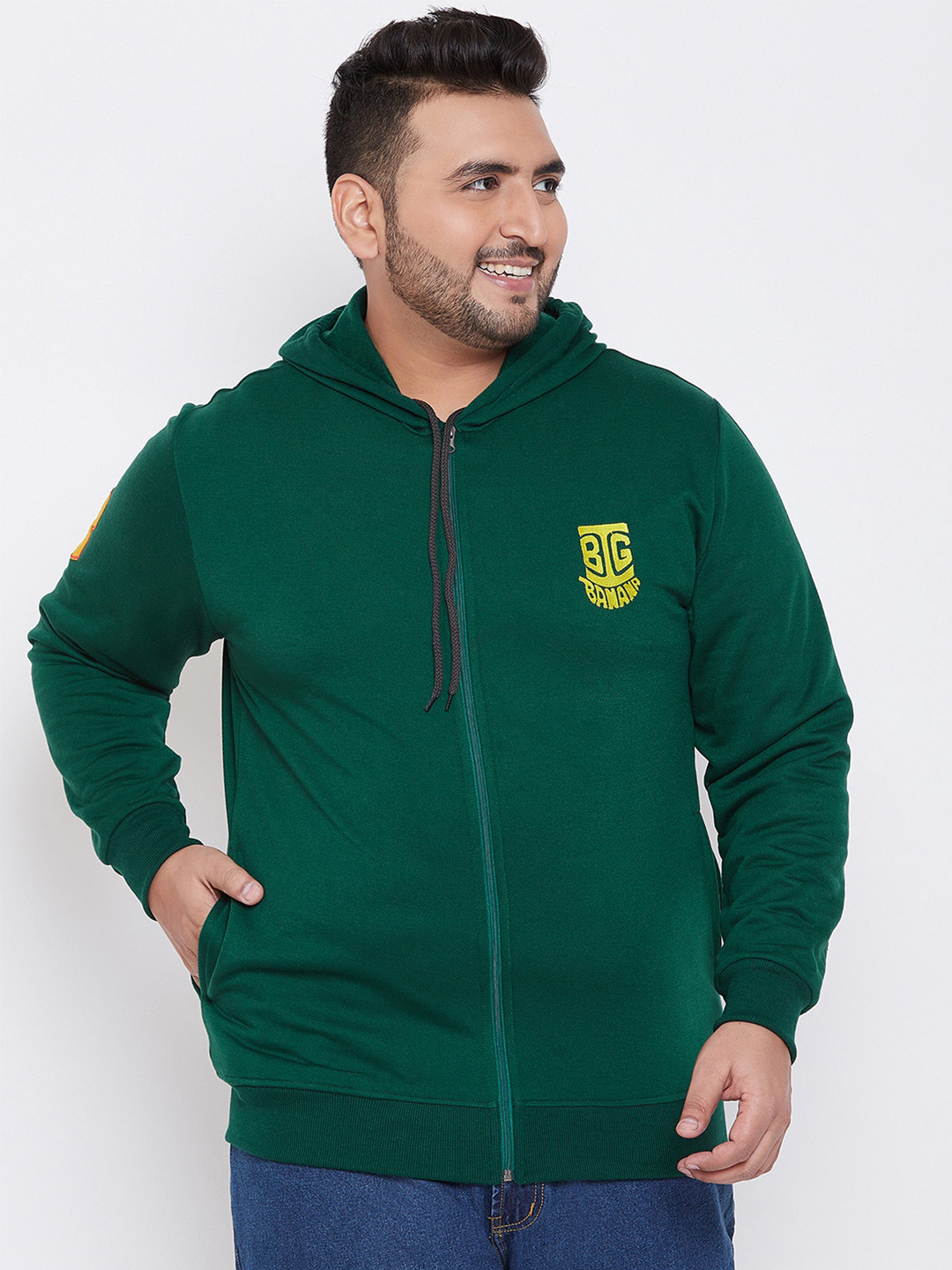 bigbanana Plus Size Men Green Solid Antimicrobial Hooded Sweatshirt