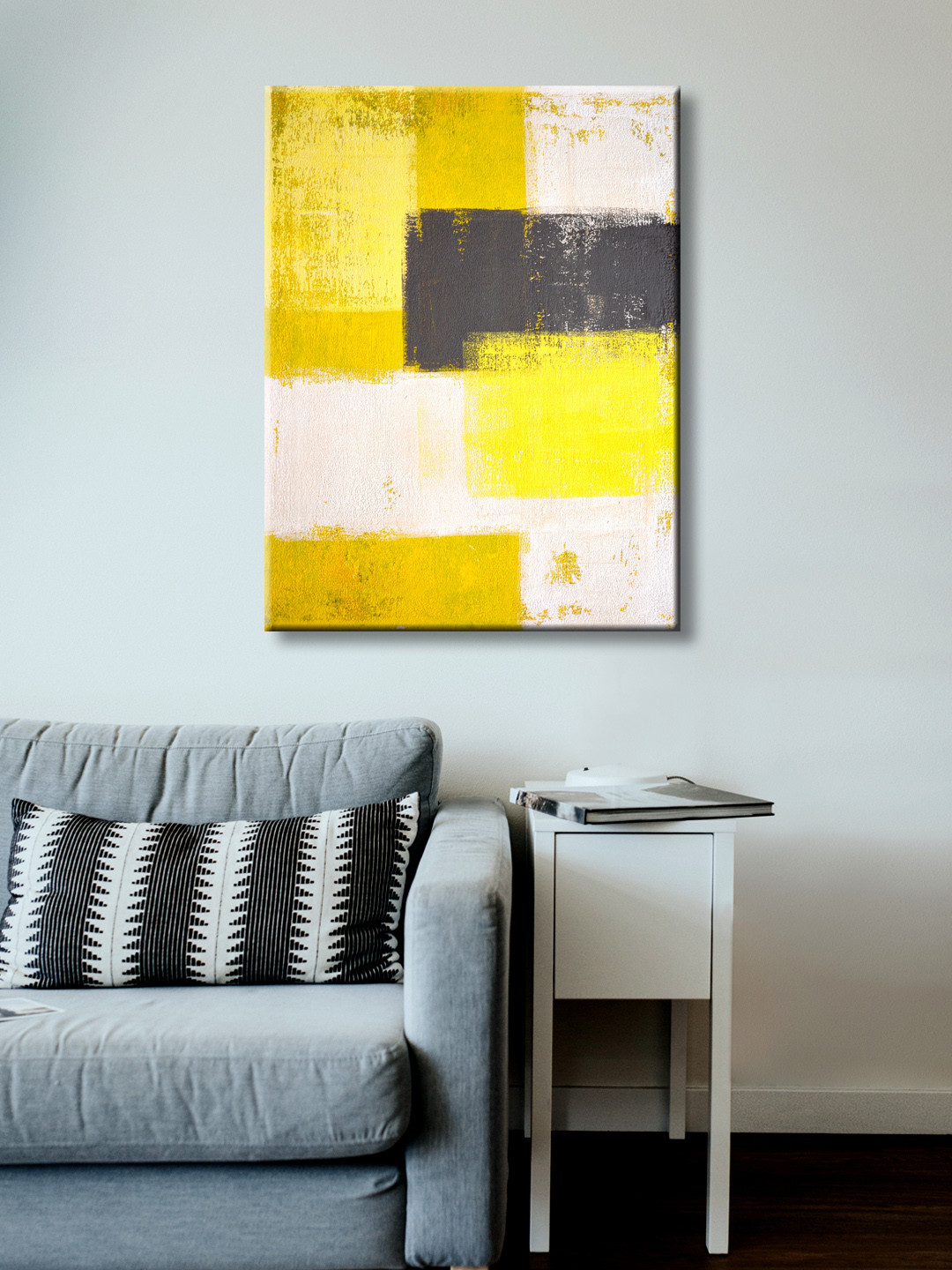 999Store Yellow, Grey & White Hand-Painted Abstract Wall Painting