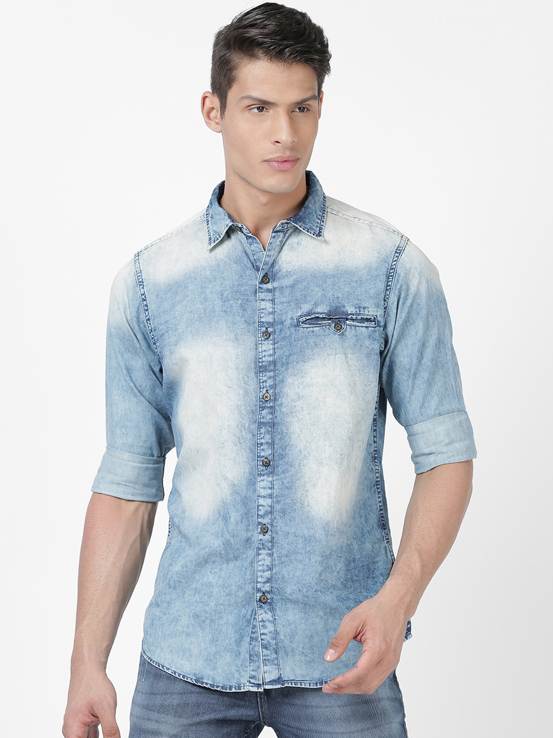 Llak Jeans Men Blue Slim Fit Faded Denim Casual Shirt
