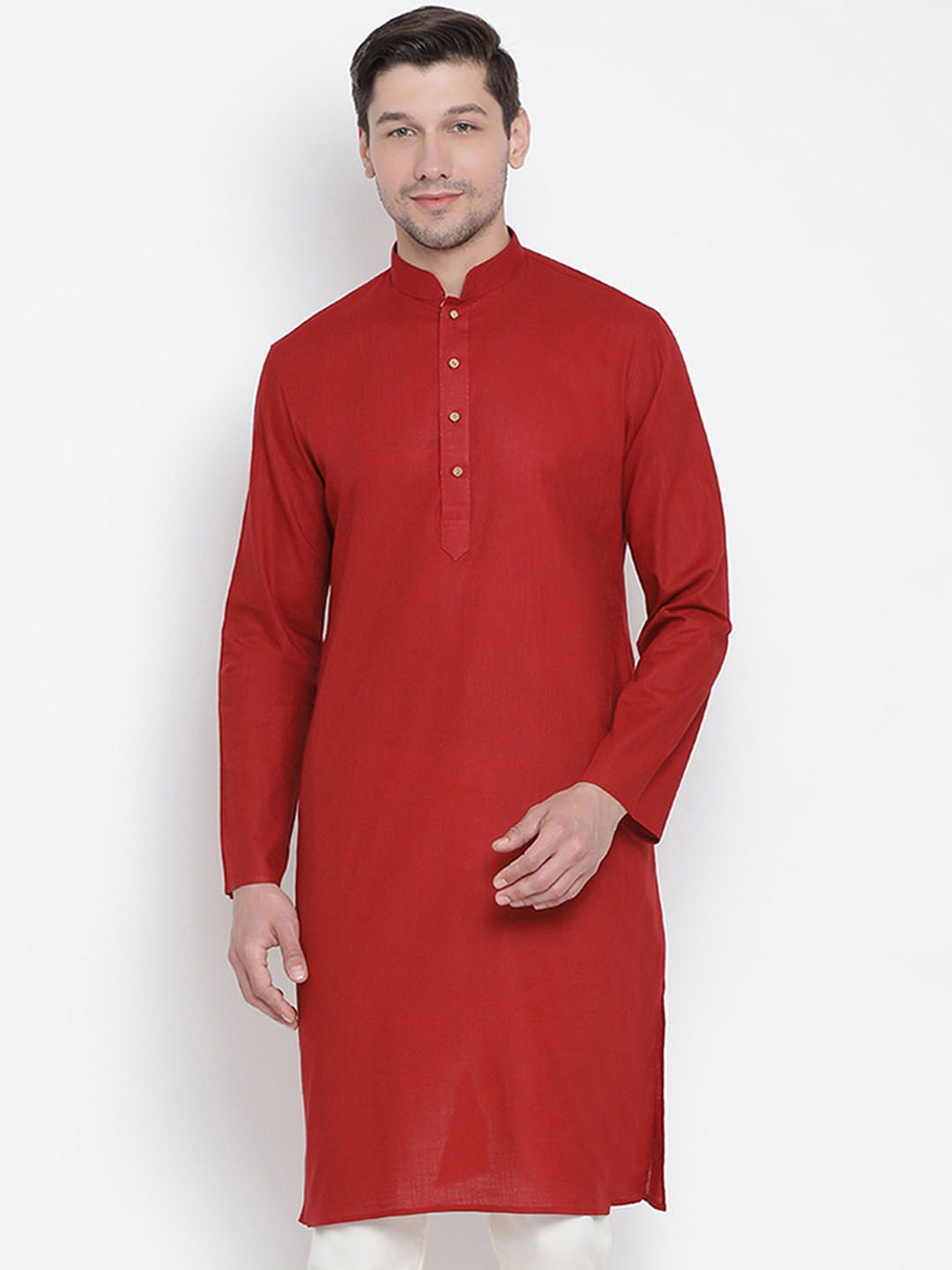 VASTRAMAY Men Red Solid Straight Kurta