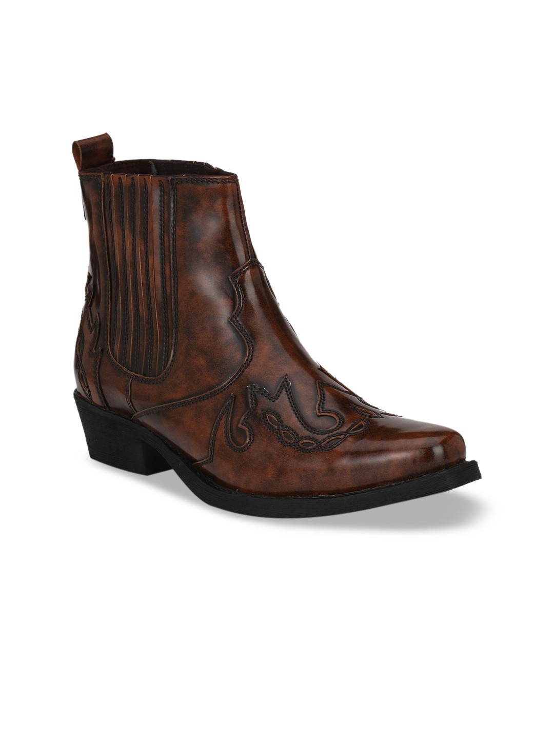 Delize Men Brown Woven Design Mid-Top Cowboy Boots