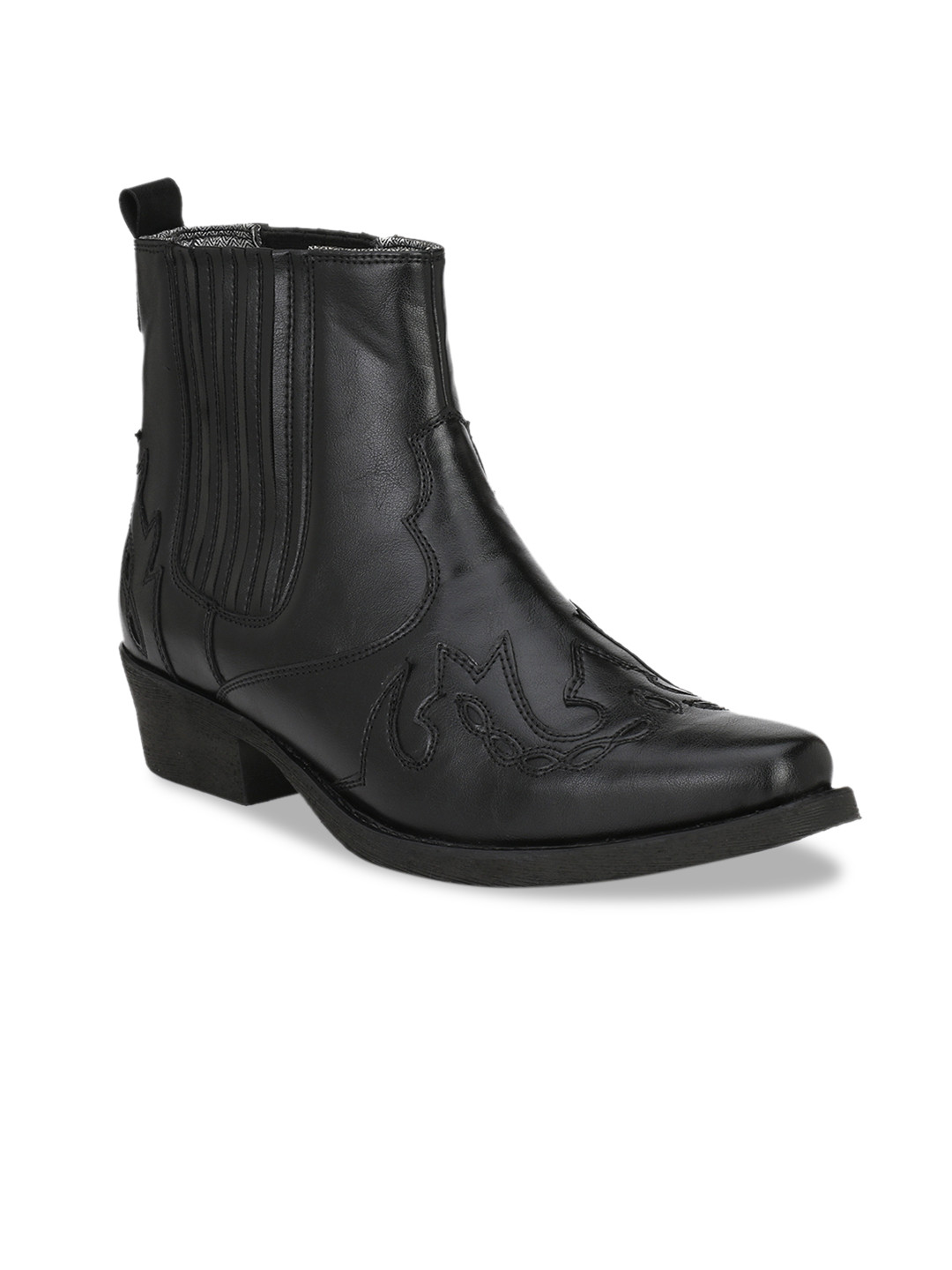 Delize Men Black Textured Synthetic Leather Mid-Top Cowboy Boots